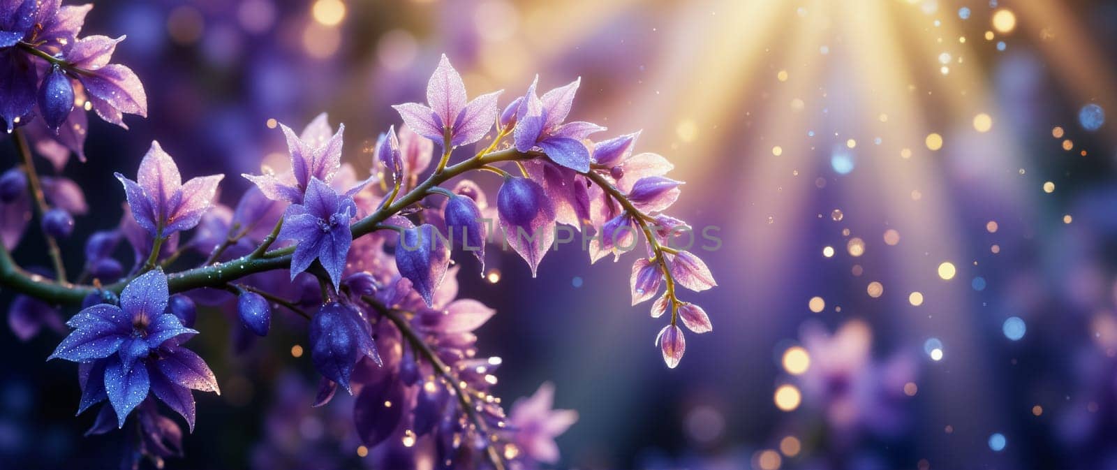 A branch of purple flowers with dew drops on them. The flowers are in the sun, and the dew is glistening on them. Concept of freshness and beauty, as the flowers are in bloom