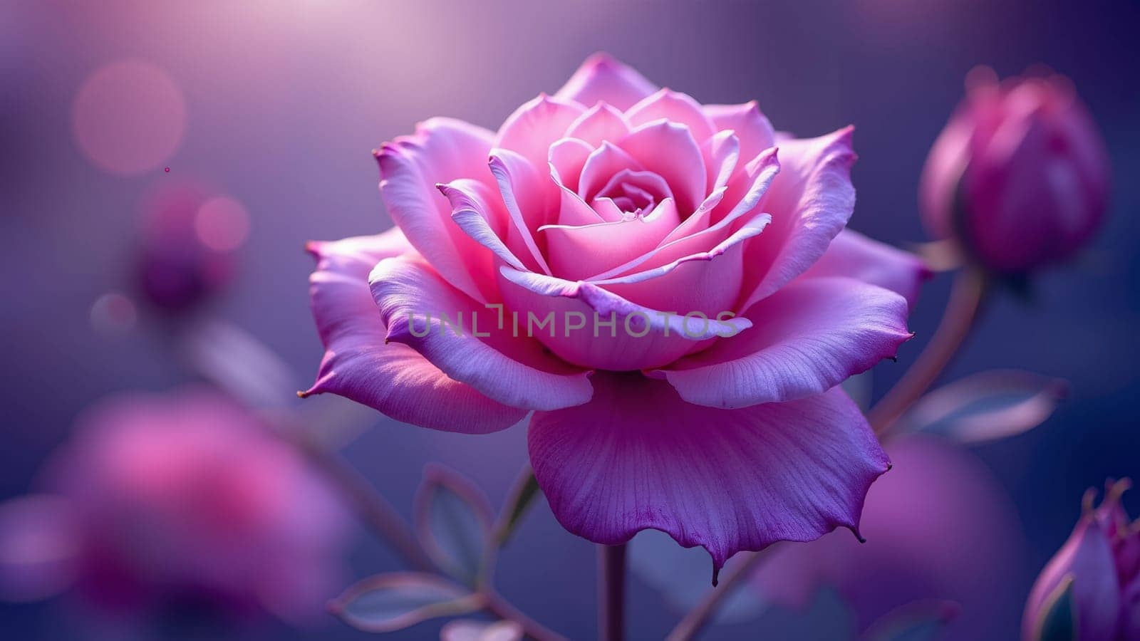 A purple rose with a drop of water on it. The flower is surrounded by other flowers and leaves