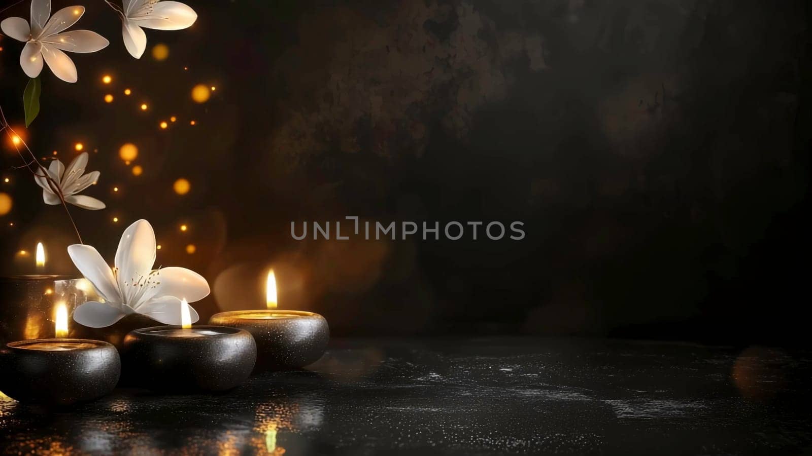 Spa Candles with White Flowers and Warm Glow, Spa Background.