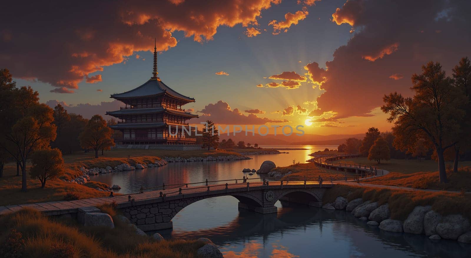 A bridge spans a river with a beautiful sunset in the background. The bridge is surrounded by trees and a temple