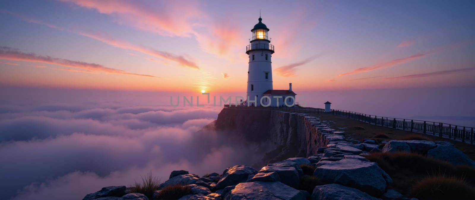 A lighthouse is lit up in the distance with the sun setting in the background. The scene is serene and peaceful, with the lighthouse standing tall and proud against the backdrop of the ocean