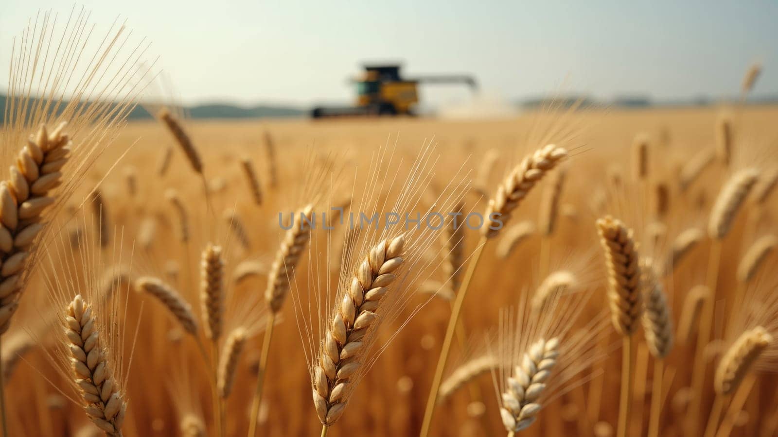 A large green combine harvester is cutting through a field of golden wheat. The sun is setting, casting a warm glow over the scene. The combine harvester is surrounded by a cloud of dust