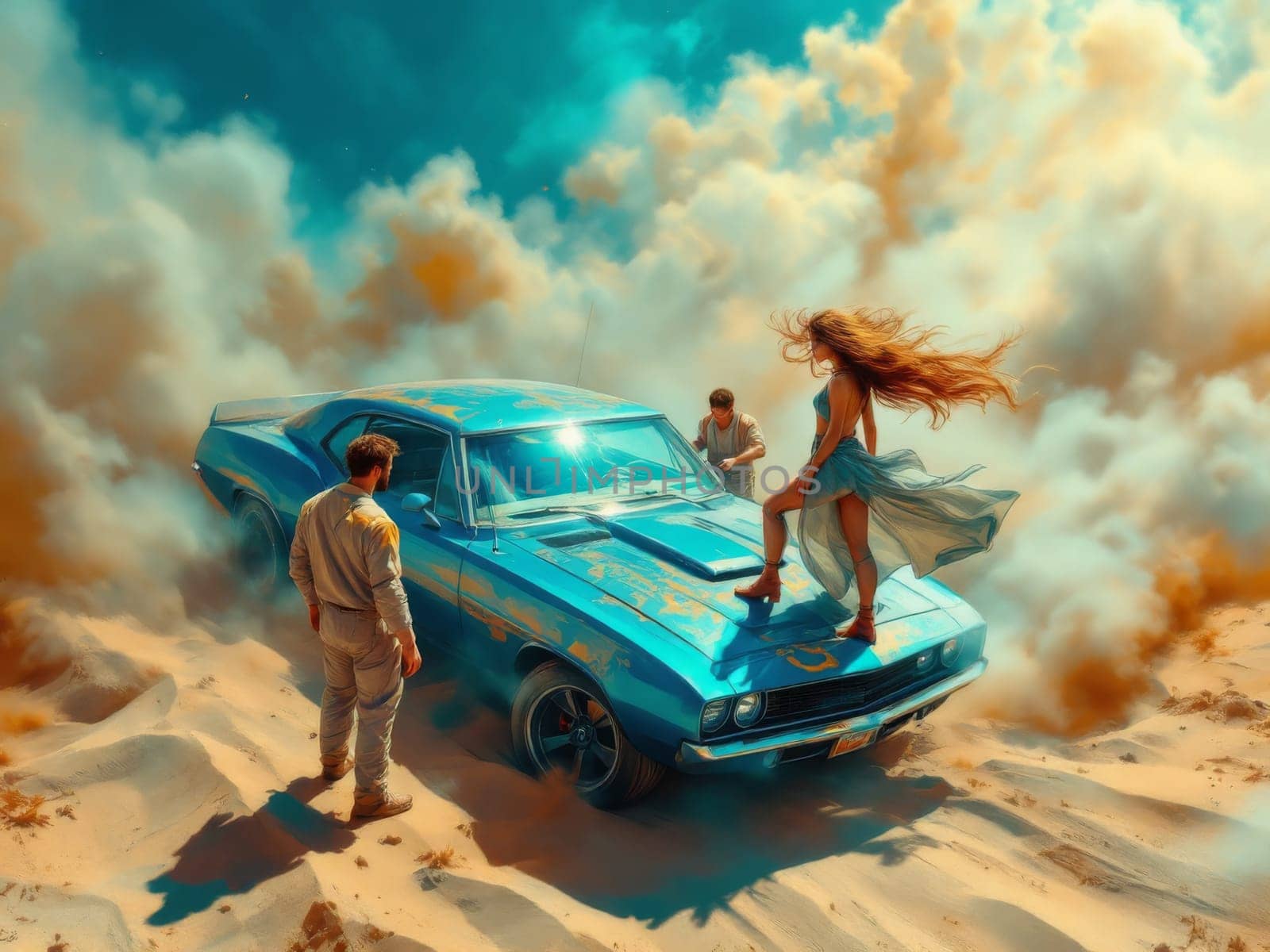 Digital artwork depicting a woman with long hair posing on a vintage muscle car in a desert setting, with two mechanics observing. Ai generated