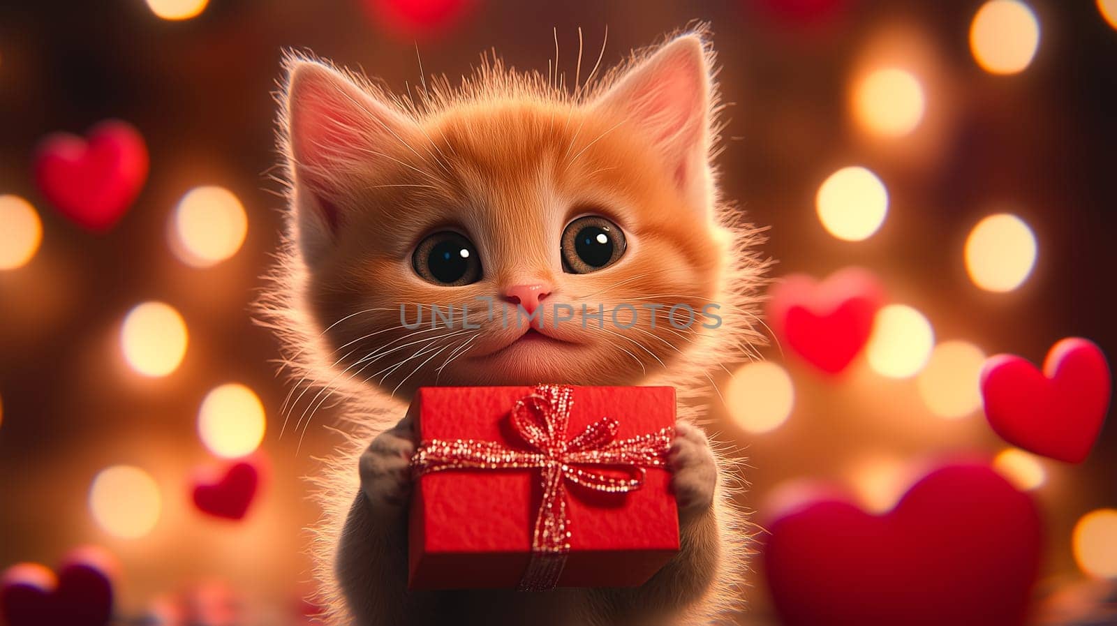 Kitten holding a red Valentine's gift box. Perfect for Valentine's Day, romantic themes, and cute designs.