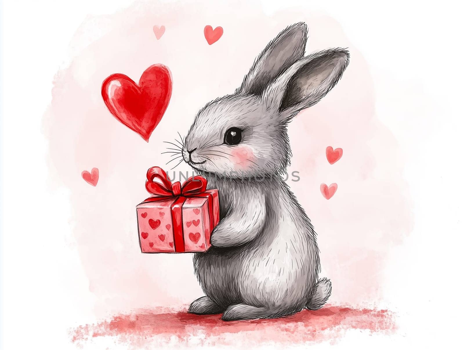 White bunny holding a red Valentine's gift box adorned with hearts, surrounded by floating heart shapes. A delightful and whimsical design perfect for Valentine's Day, greeting cards, and romantic-themed projects.