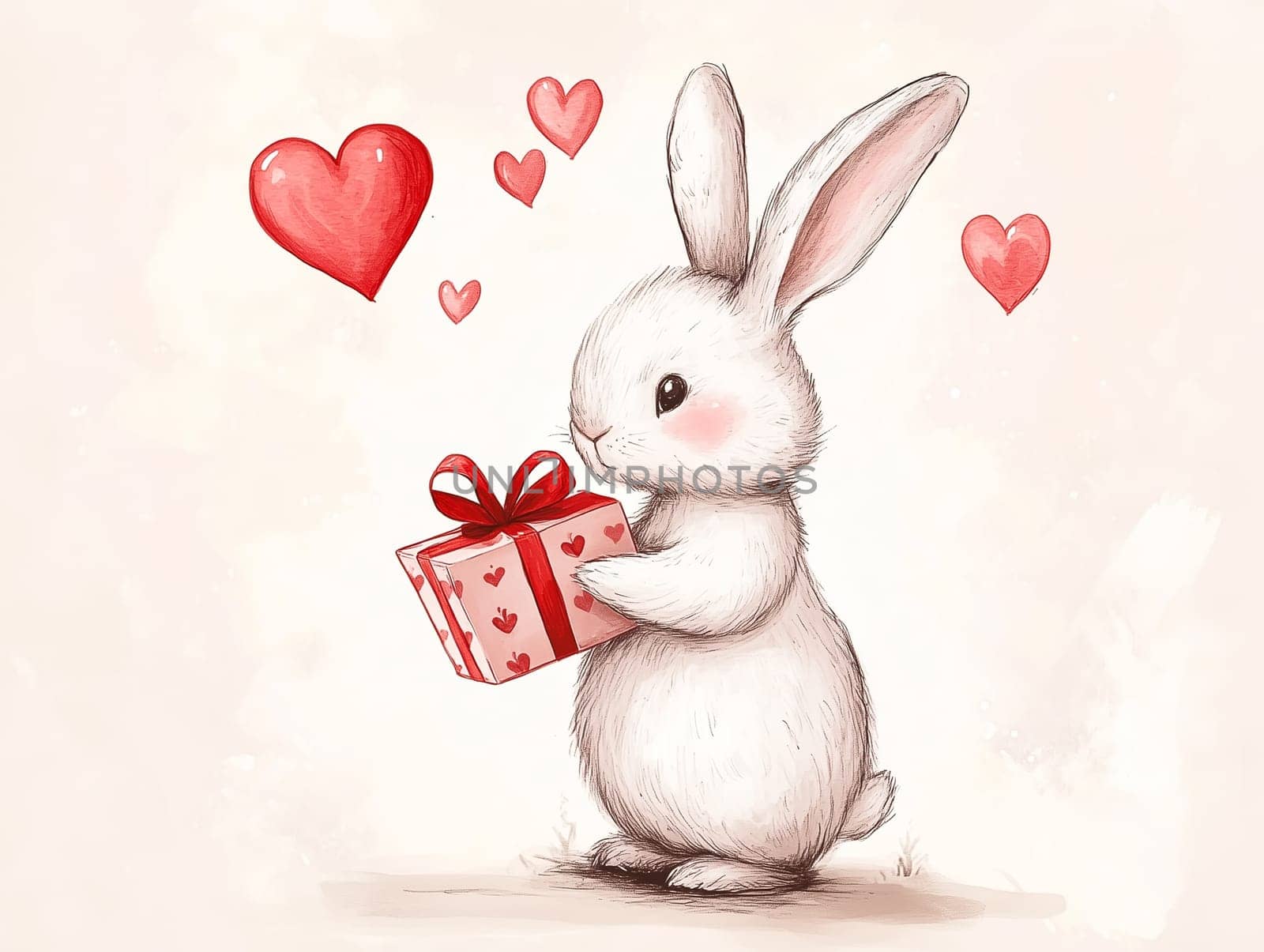 White bunny holding a red Valentine's gift box adorned with hearts, surrounded by floating heart shapes. A delightful and whimsical design perfect for Valentine's Day, greeting cards, and romantic-themed projects.