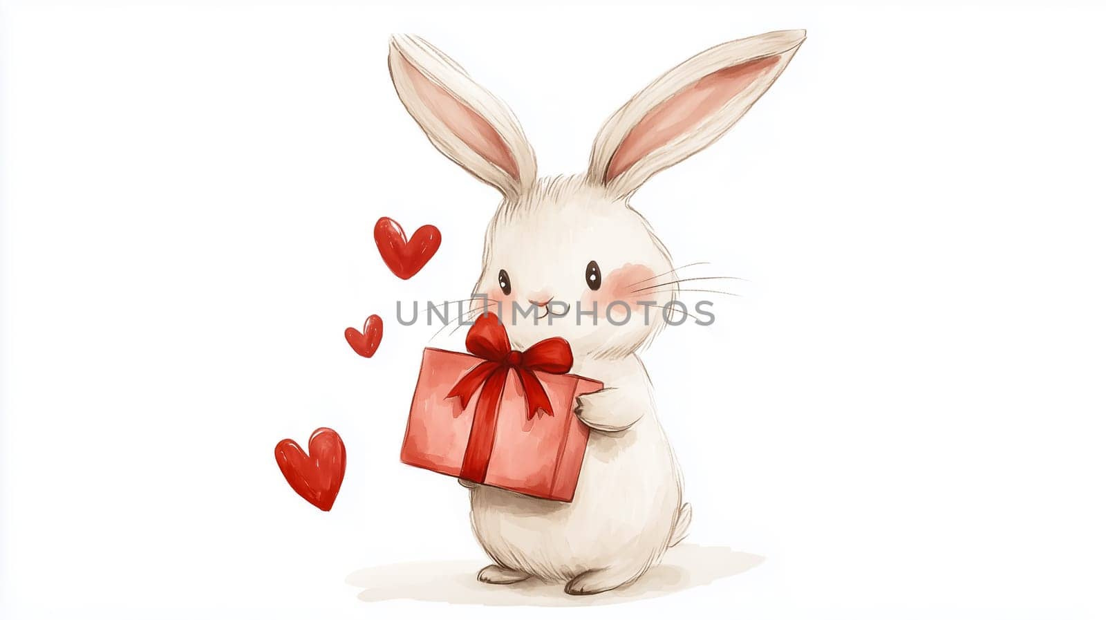 White bunny holding a red Valentine's gift box adorned with hearts, surrounded by floating heart shapes. A delightful and whimsical design perfect for Valentine's Day, greeting cards, and romantic-themed projects.