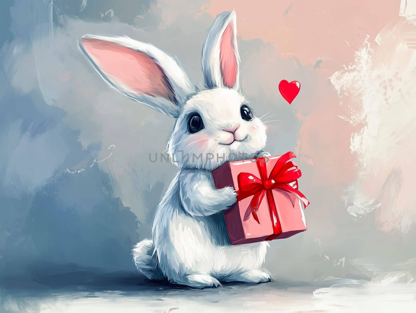 White bunny holding a red Valentine's gift box adorned with hearts, surrounded by floating heart shapes. A delightful and whimsical design perfect for Valentine's Day, greeting cards, and romantic-themed projects.