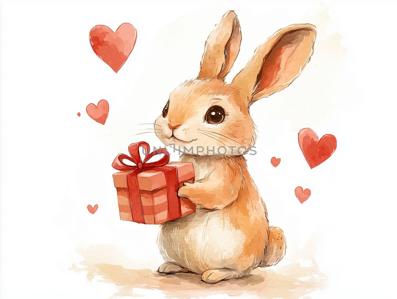 White bunny holding a red Valentine's gift box adorned with hearts, surrounded by floating heart shapes. A delightful and whimsical design perfect for Valentine's Day, greeting cards, and romantic-themed projects.