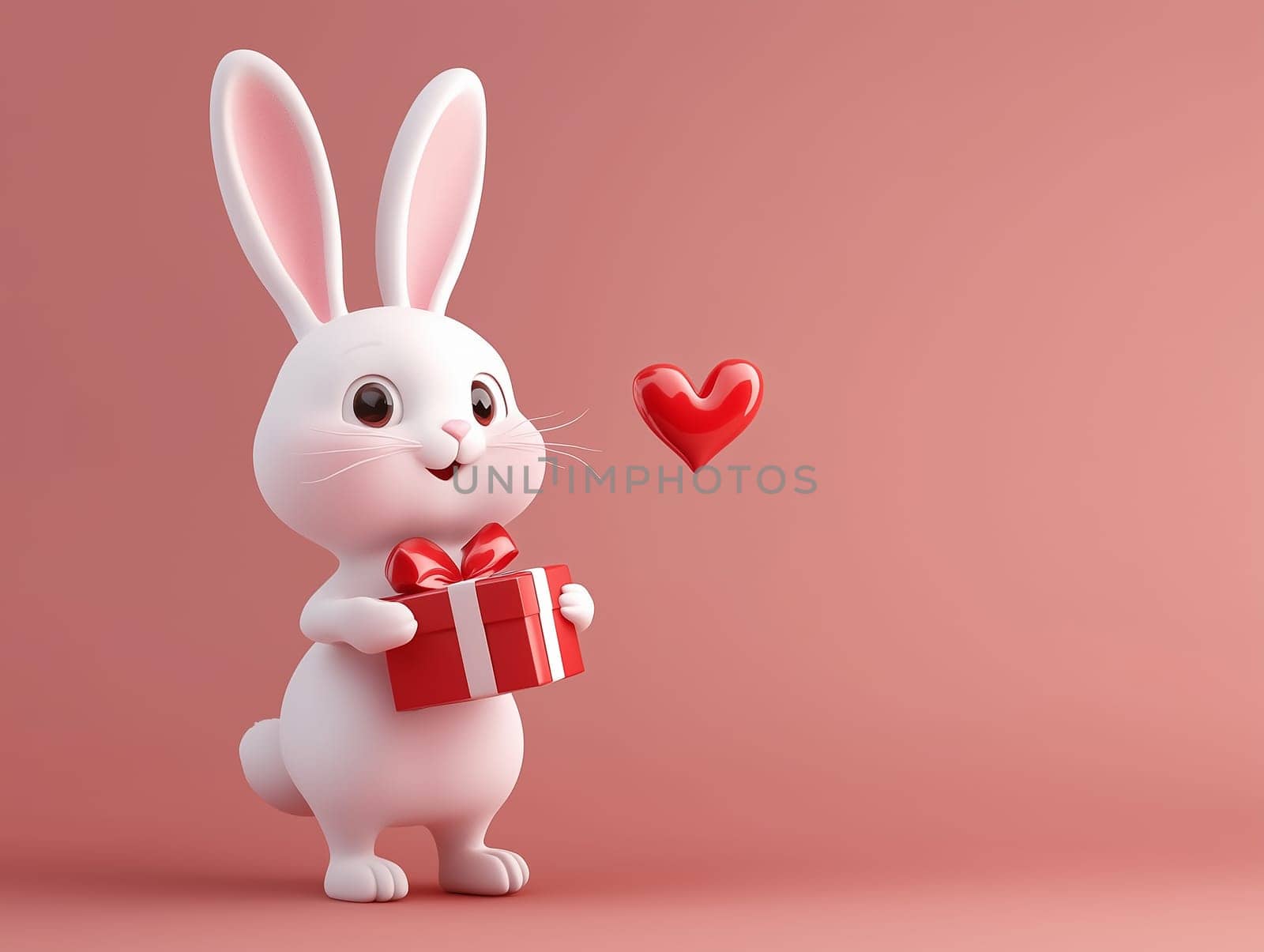 Cute white rabbit holding a gift box with a red ribbon, accompanied by a floating red heart on a soft pink background. Perfect for Valentine's Day, romantic themes, and festive designs.