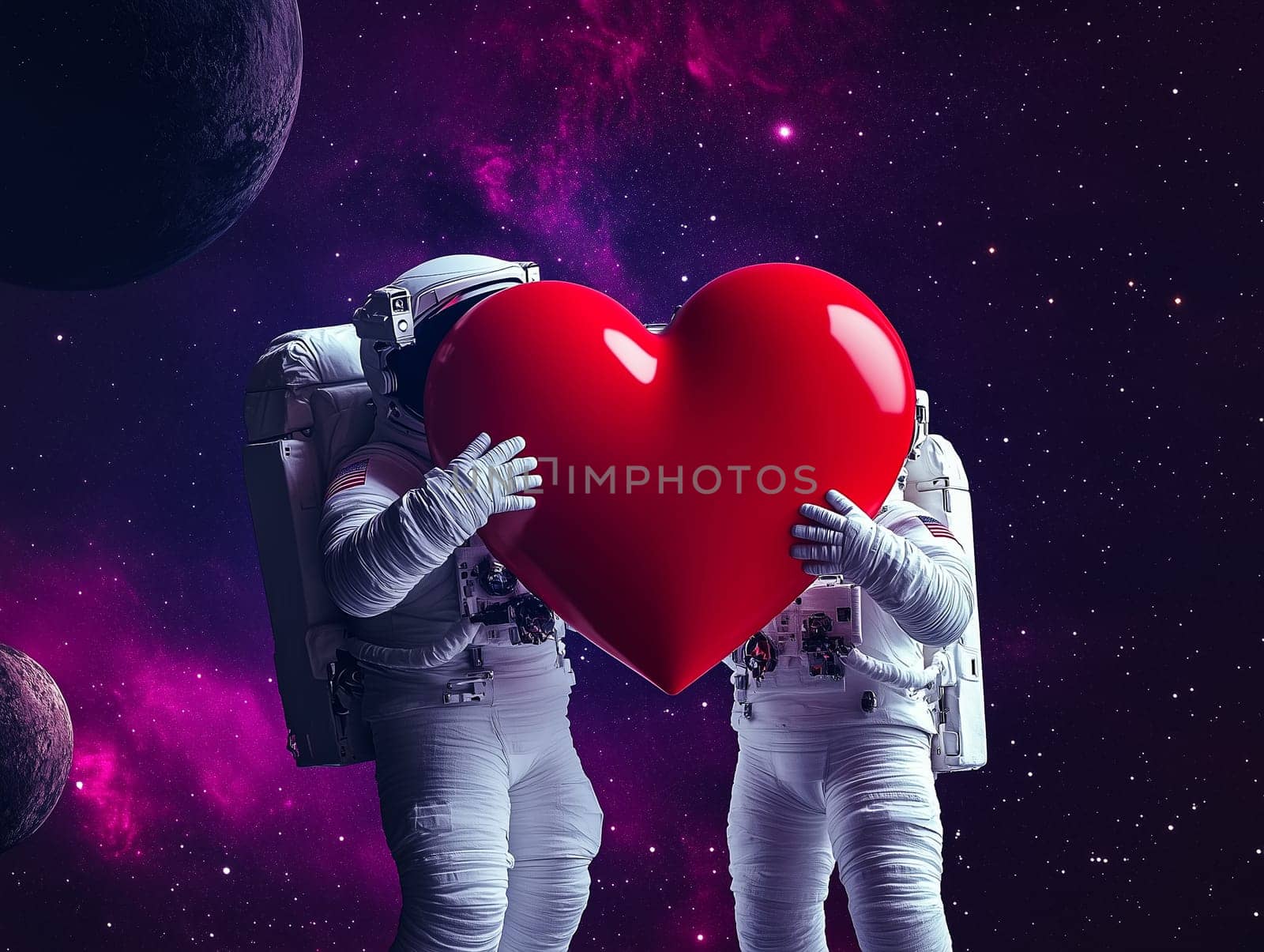 Two astronauts holding a large, shiny red heart in a captivating space setting with a vibrant purple galaxy and distant planets. A unique and romantic concept perfect for Valentine's Day themes, love expressions, and creative projects.