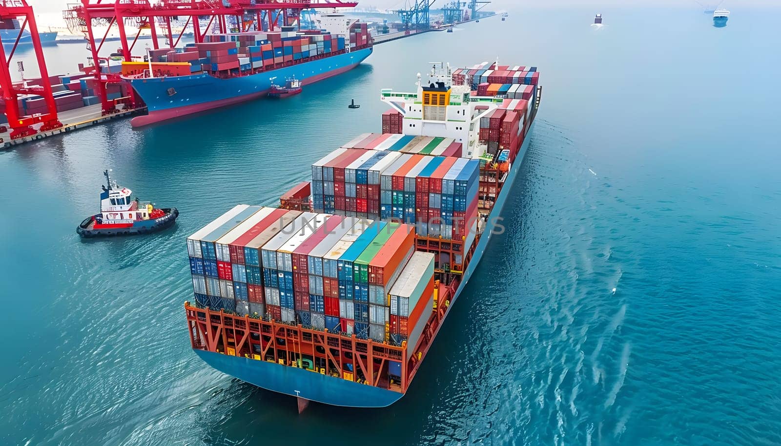 A massive container ship is gliding across a vast body of water, showcasing the intricate naval architecture of modern watercraft as a vital mode of transport on the open sea