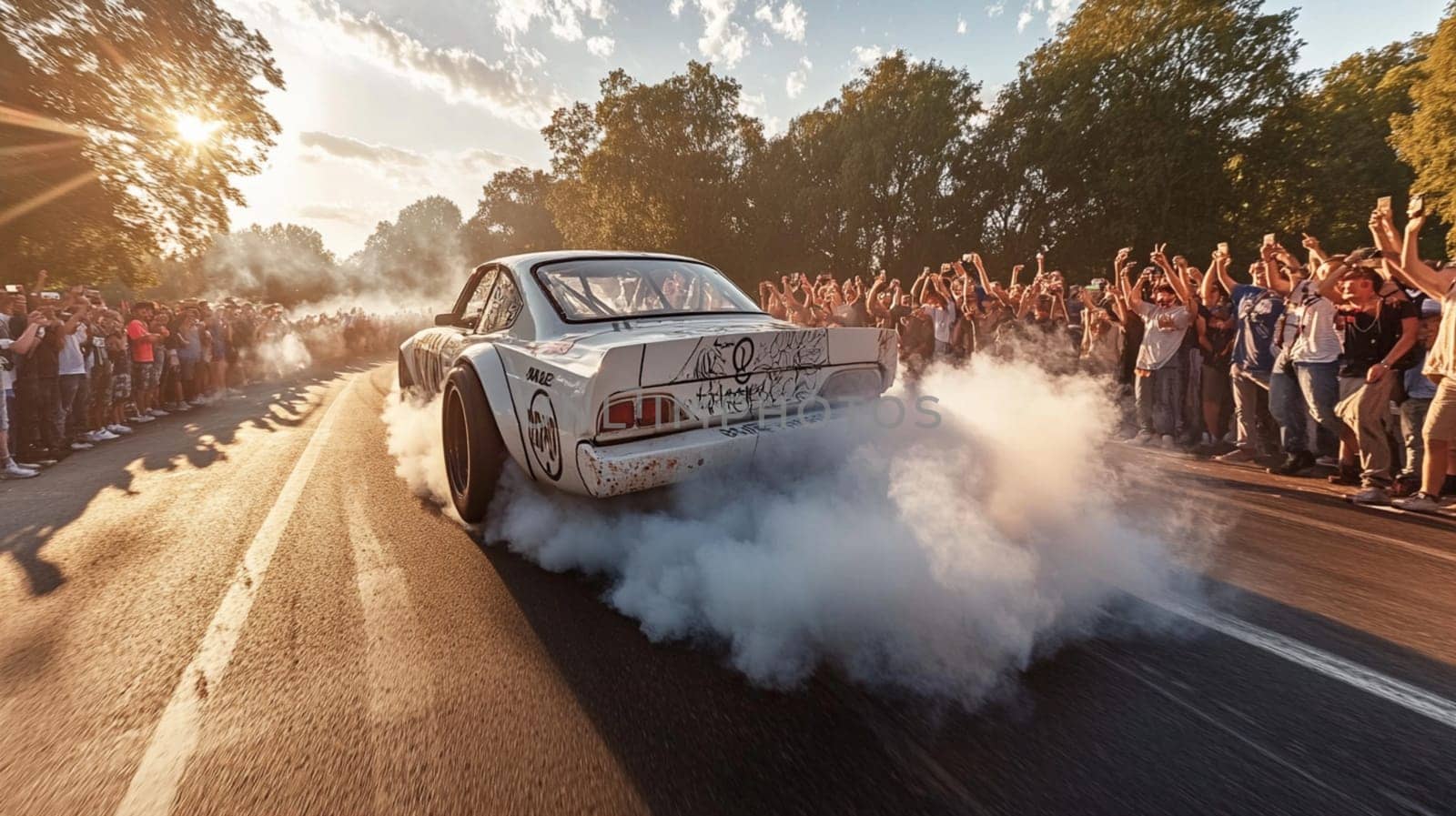 Powerful sports cars race through city streets at sunset, leaving a trail of smoke, thrilling spectators with high speed action