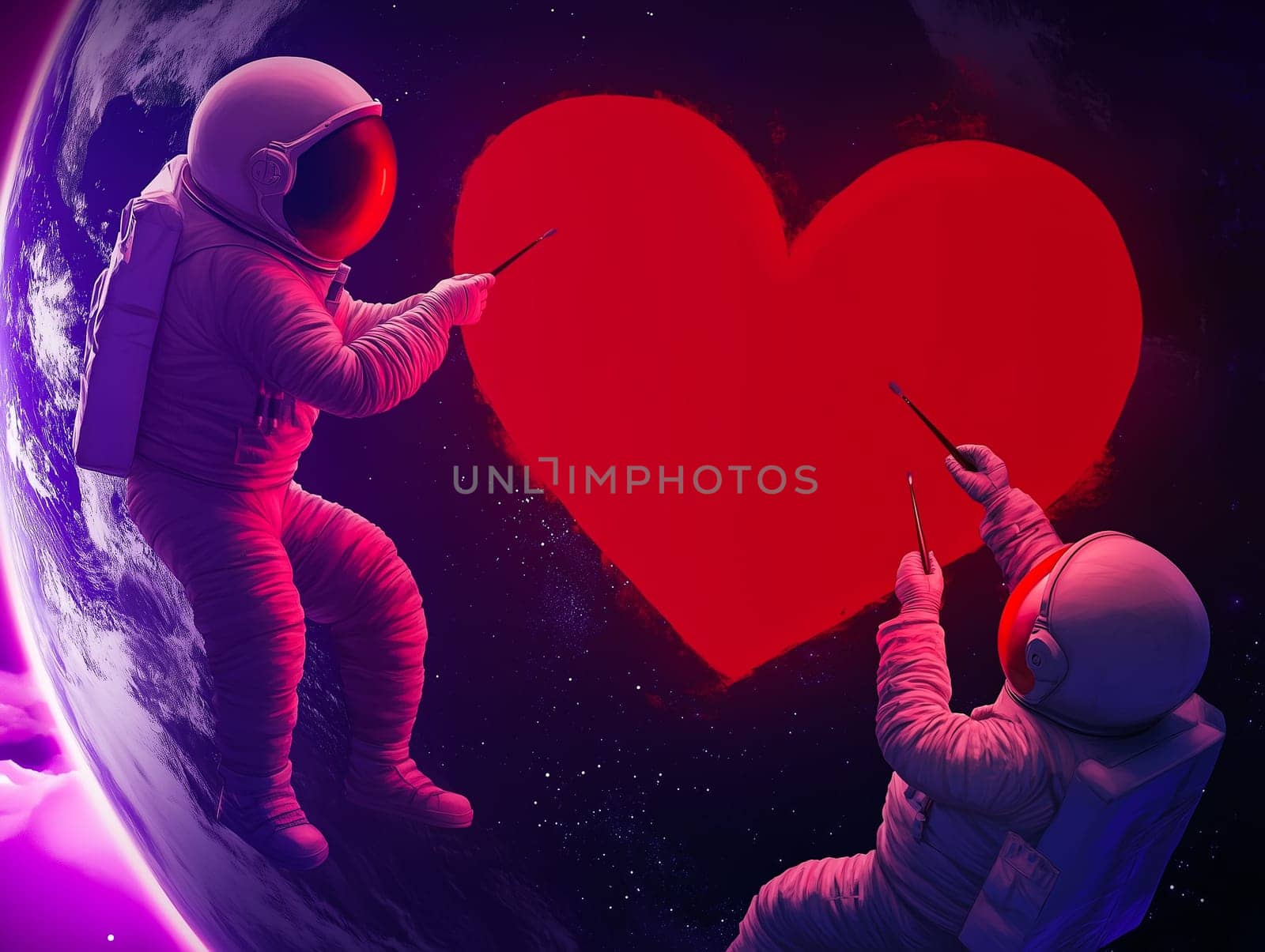 Two astronauts collaboratively painting a red heart against a vibrant cosmic backdrop a starry sky. A creative and romantic depiction of love in the universe, perfect for Valentines Day and sci-fi-themed designs.