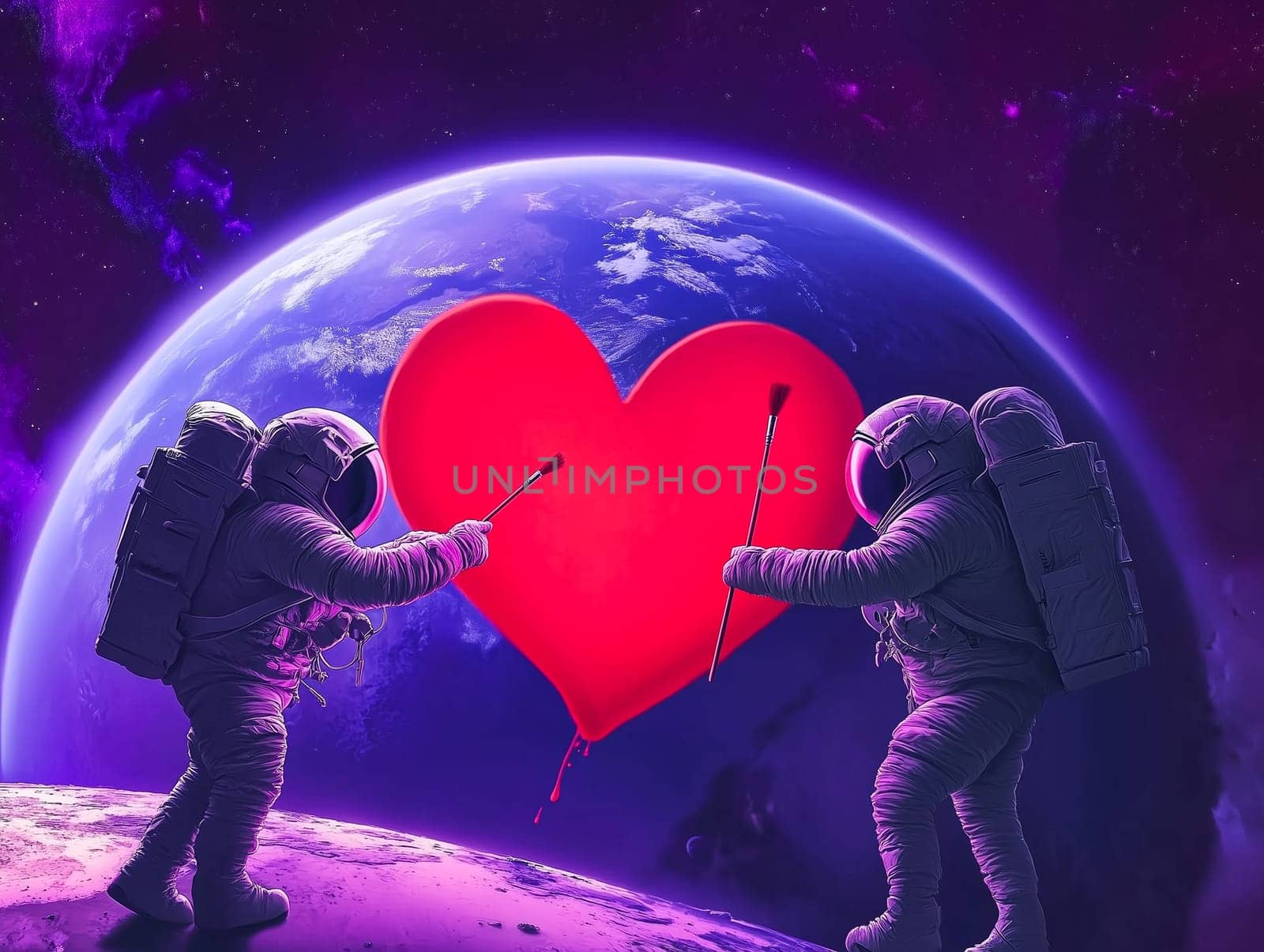 Two astronauts collaboratively painting a red heart against a vibrant cosmic backdrop a starry sky. A creative and romantic depiction of love in the universe, perfect for Valentines Day and sci-fi-themed designs.