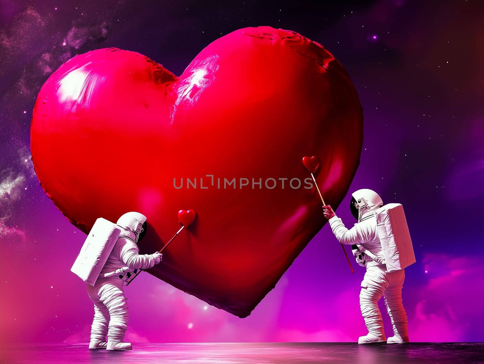 Two astronauts collaboratively painting a red heart against a vibrant cosmic backdrop a starry sky. A creative and romantic depiction of love in the universe, perfect for Valentines Day and sci-fi-themed designs.