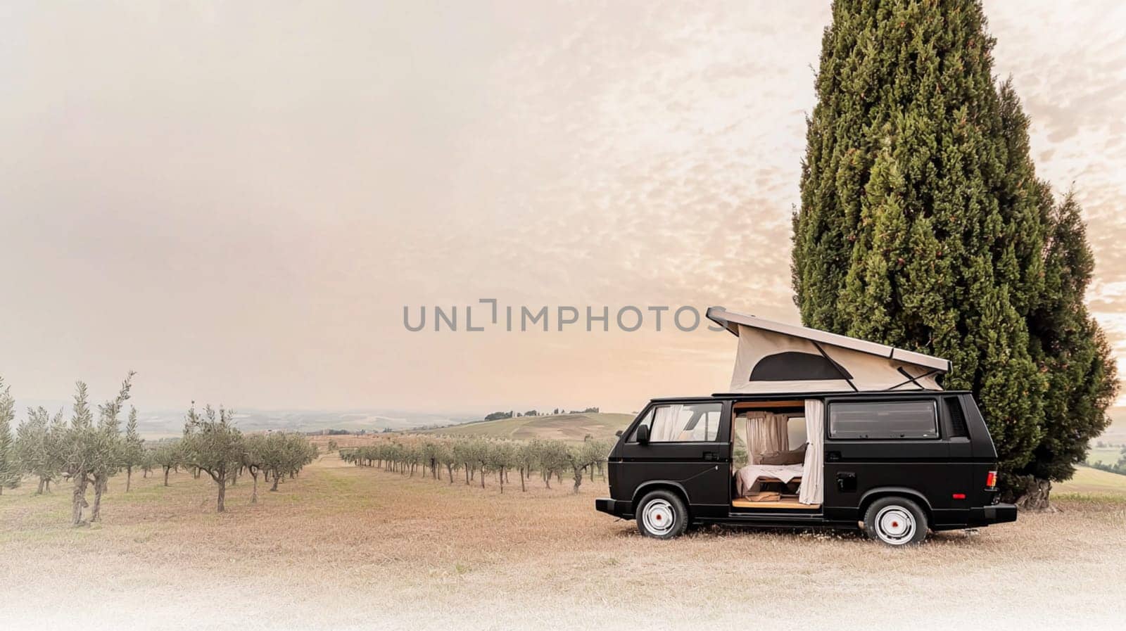 Modern camper van parked in the countryside, offering a luxurious and comfortable way to explore nature. The van features a sleek black exterior, wooden accents, and a spacious interior