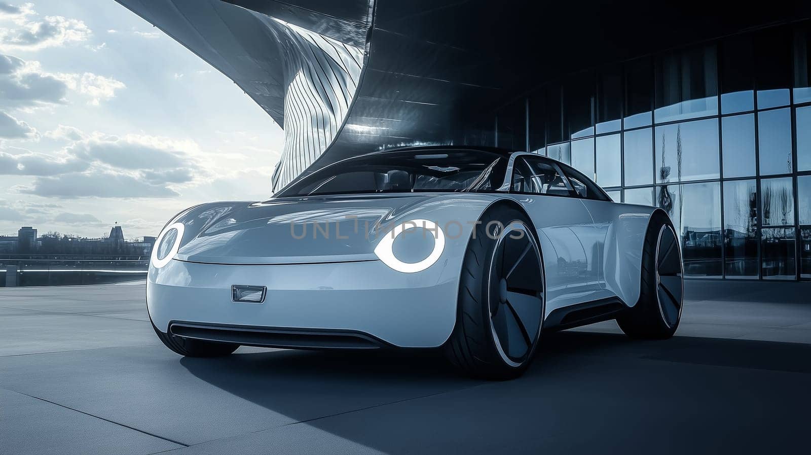 Futuristic electric sports car speeding through a modern urban cityscape in broad daylight, showcasing sleek design, innovation, and dynamic motion.