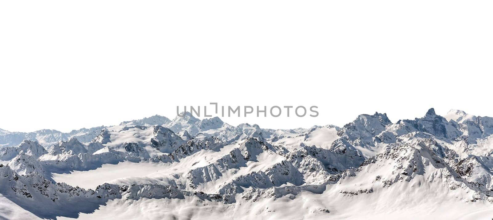 Panorama of winter mountains covered in snow isolated on white background. Mountain peaks in winter