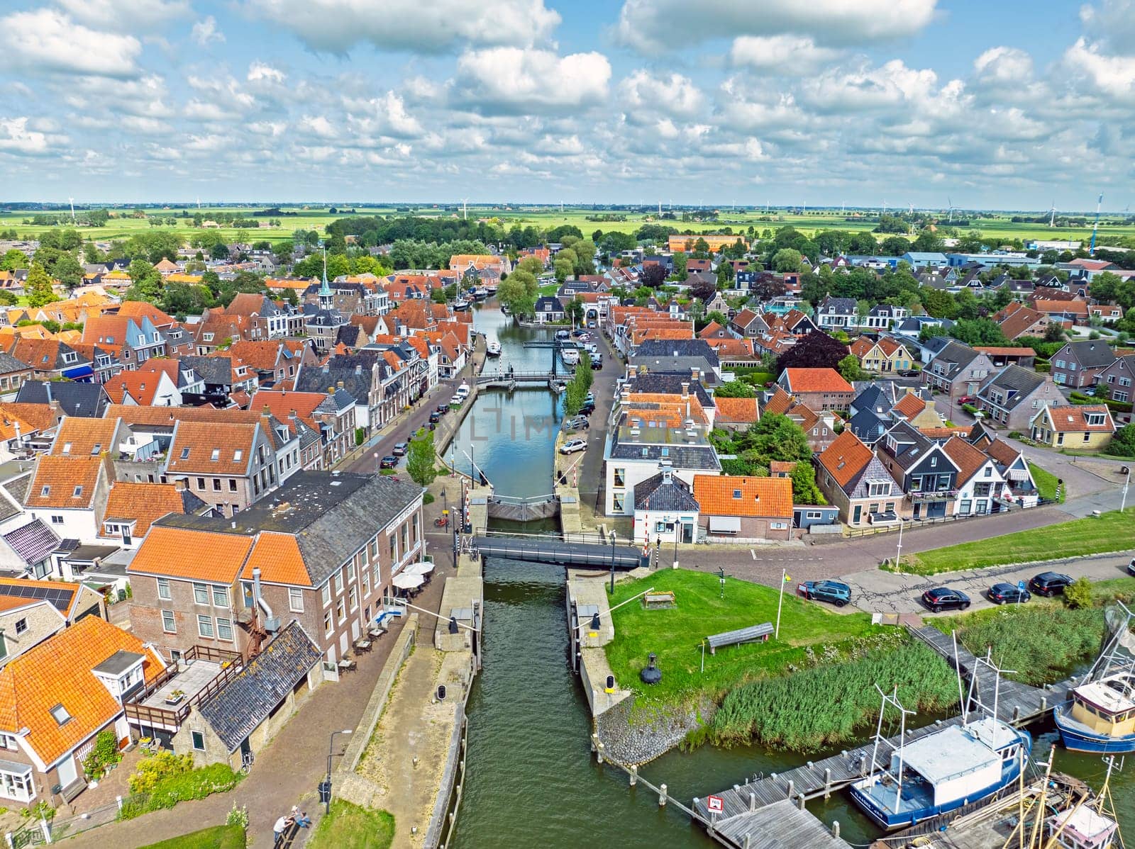 Aerial from the traditional village Makkum in Friesland the Netherlands