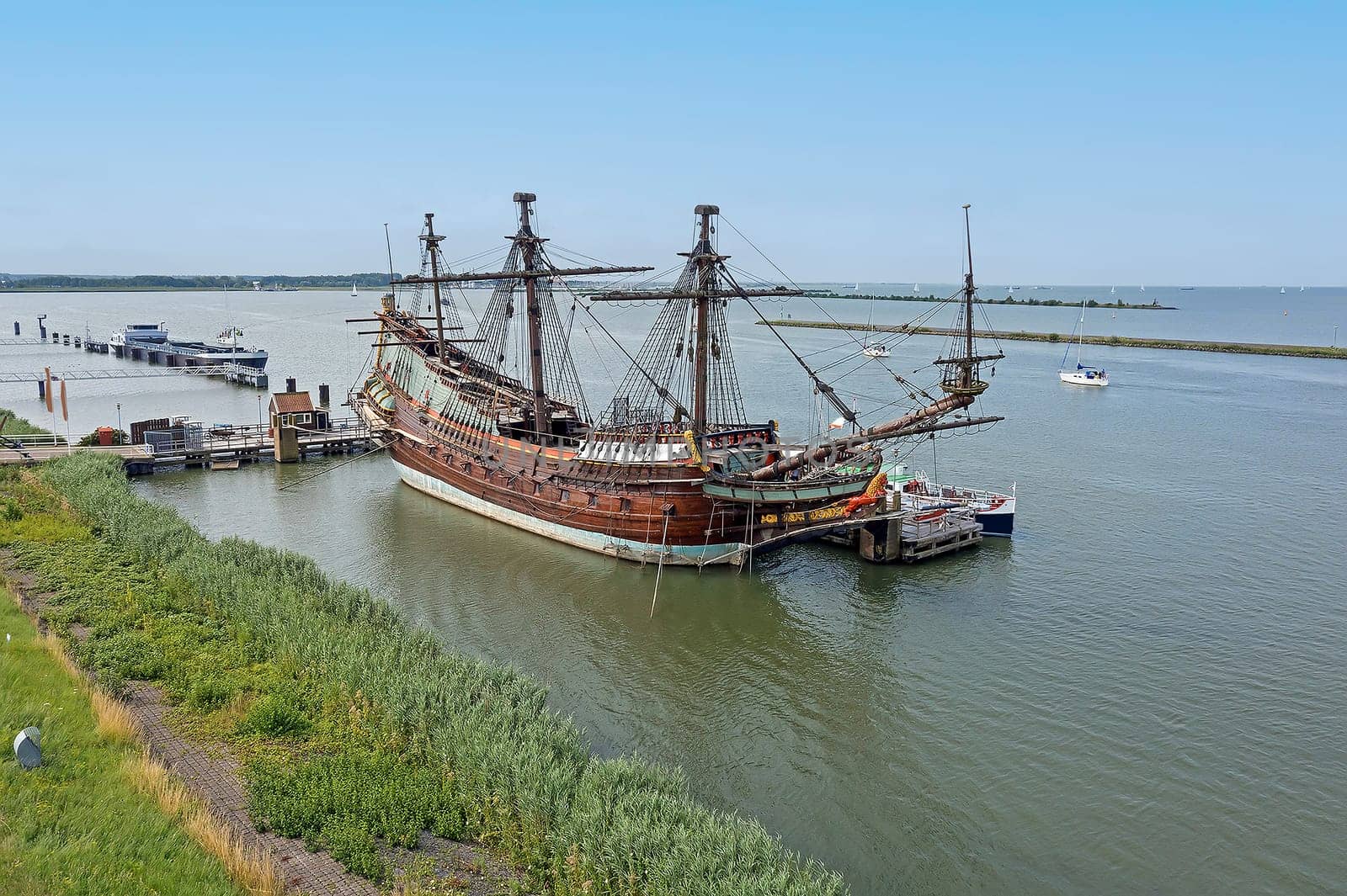 Old traditional sailing ship in the harbor from Lelystad in the Netherlands