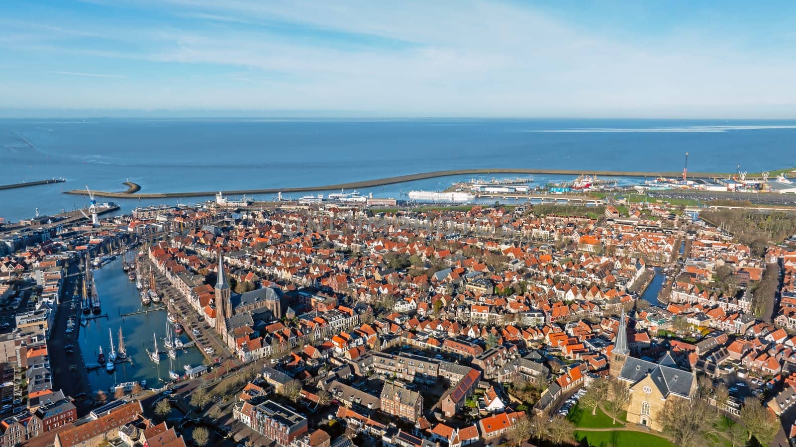 Aerial from the historical town Harlingen in Friesland the Netherlands