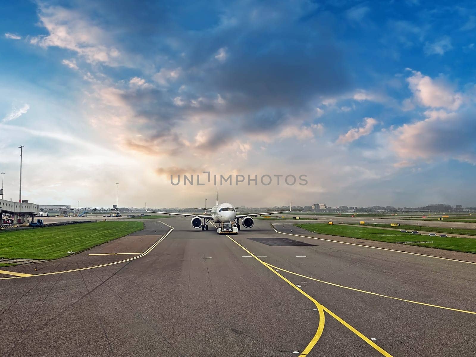 Airplane getting ready for take off on Schiphol airport in the Netherlands