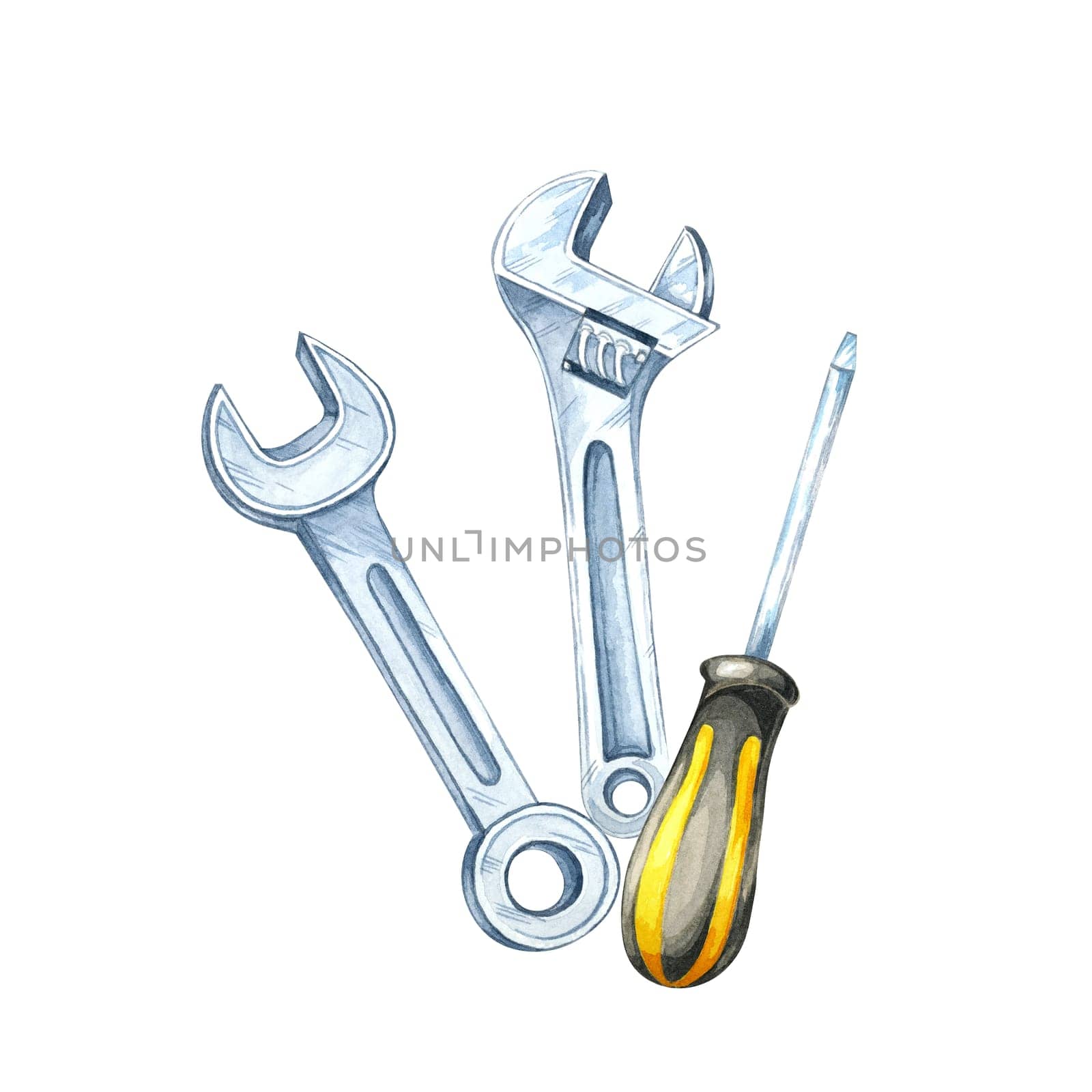 Two wrenches and a yellow-handled screwdriver clipart. Hardware tools hand-painted watercolor illustration. Perfect for instructional manuals, hardware store designs, or tool product packaging
