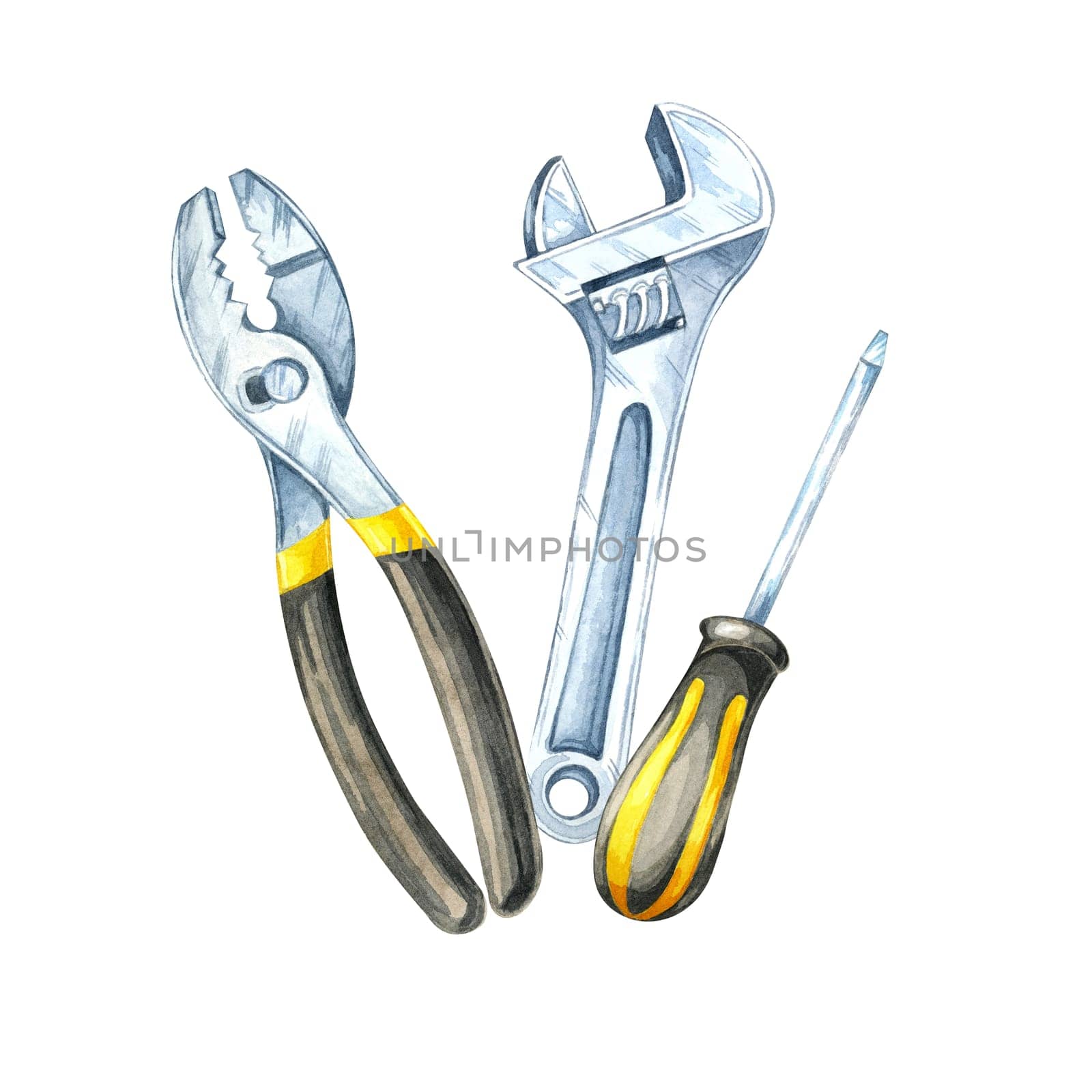 A wrench, pliers and a screwdriver with a black and yellow handle clipart. Tools hand-painted watercolor illustration. Perfect for promotional designs for hardware stores, toolsets, repair equipment