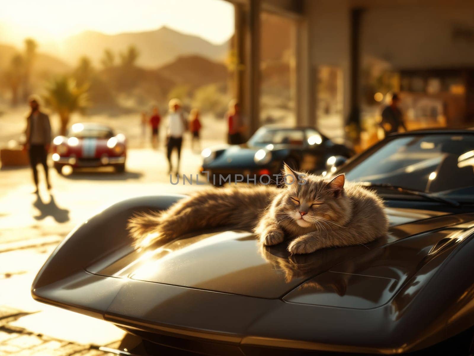 Gray cat resting on a vintage car's hood in a sunny tuning garage with mechanics and enthusiasts in the background. Ai generated