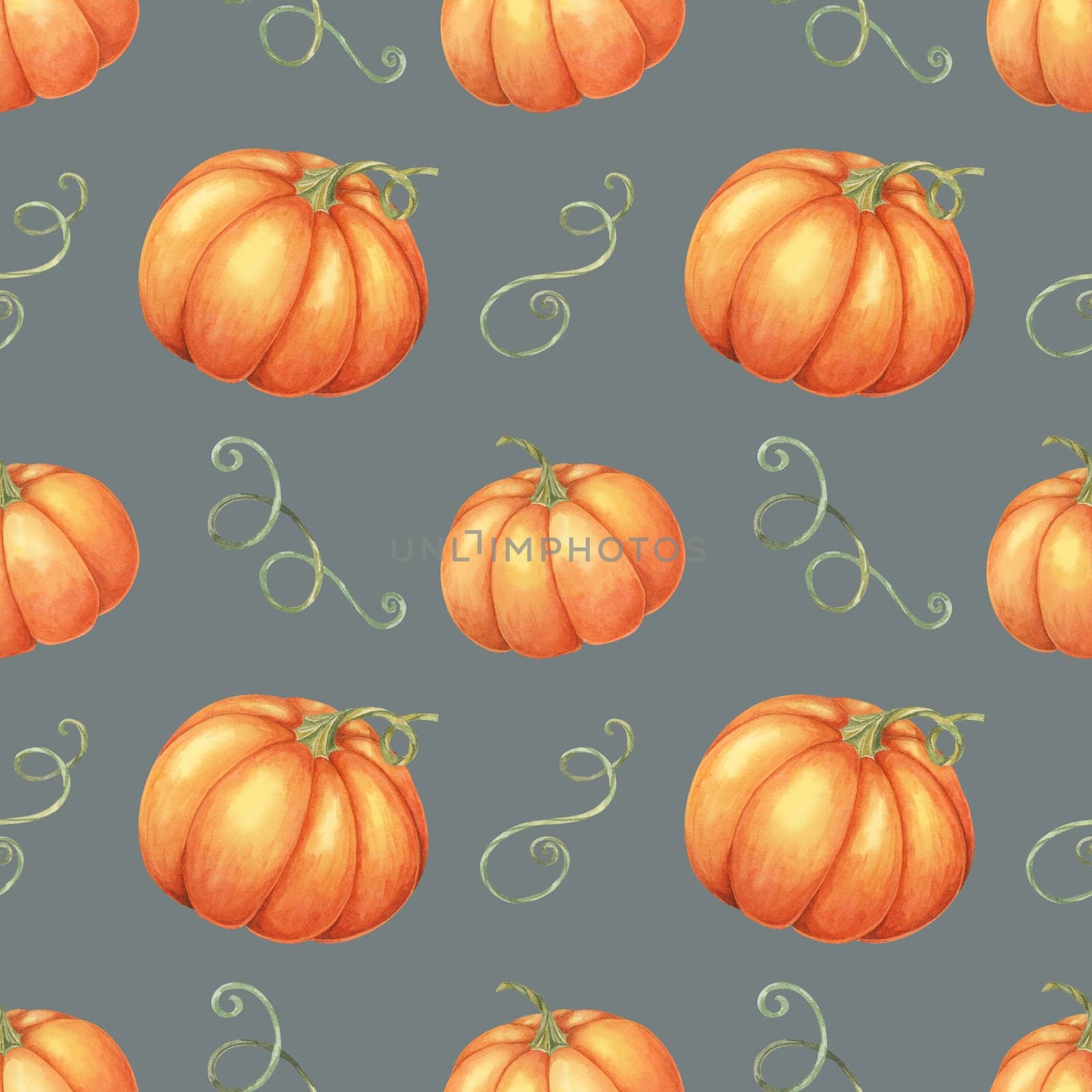 Orange pumpkins and green vines backdrop clipart. Watercolor seamless pattern for use in home decor, event invitations, themed merchandise, and seasonal tableware.