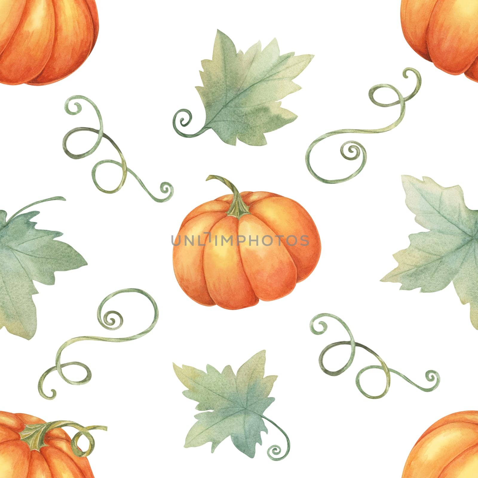 Orange pumpkins with green leaves and vines clipart. Watercolor seamless pattern Perfect for autumn-themed wrapping paper, fabric design, party invitations, and seasonal decorations.