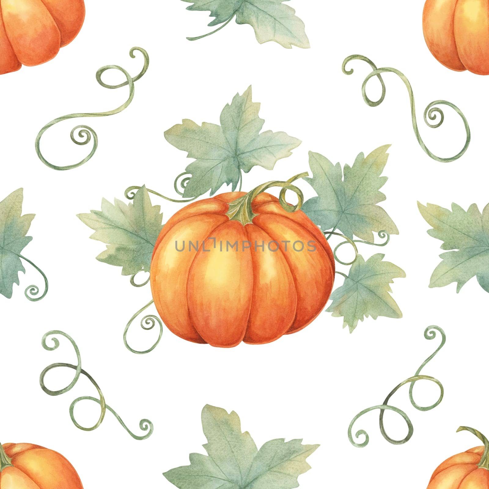 Orange pumpkins with green leaves and vines clipart. Watercolor seamless pattern Perfect for autumn-themed wrapping paper, fabric design, party invitations, and seasonal decorations.