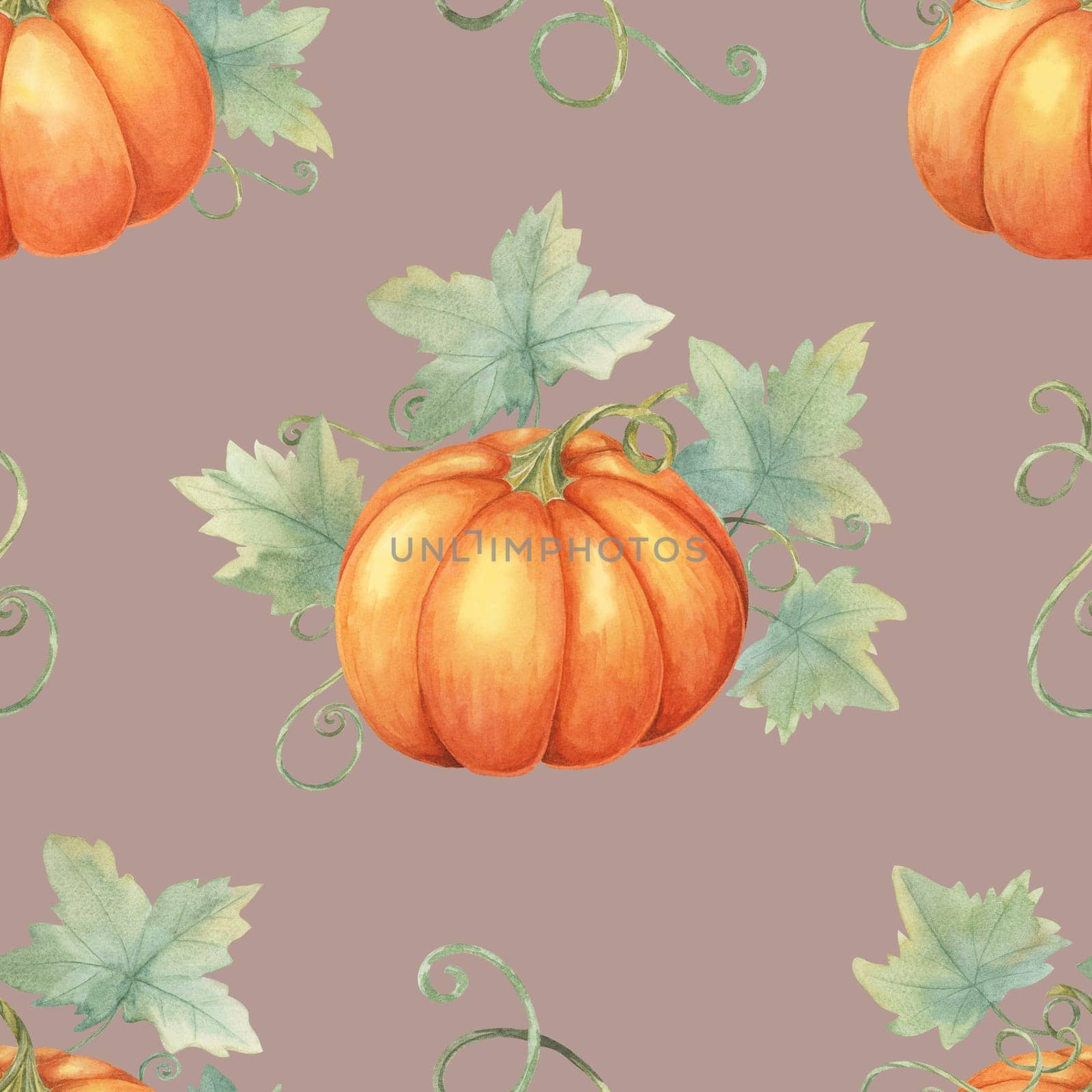 Orange pumpkins with lush green leaves clipart. Seamless watercolor pattern Ideal for creating festive tablecloths, fall-themed merchandise, wallpaper, and eco-friendly packaging.