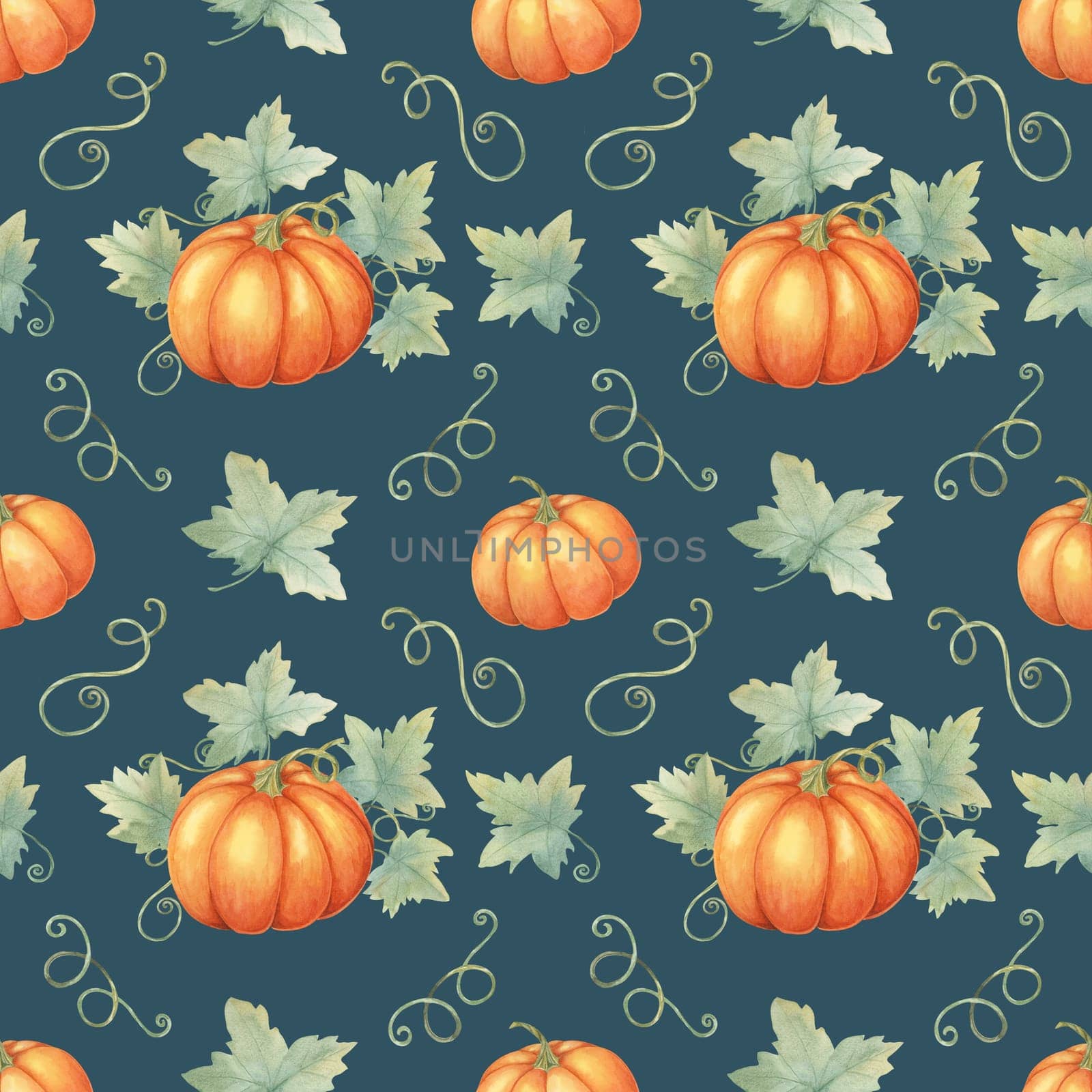 Vibrant orange pumpkins with green foliage clipart. Watercolor seamless pattern great for textile designs, gift wrapping, party supplies, and autumn-inspired stationery