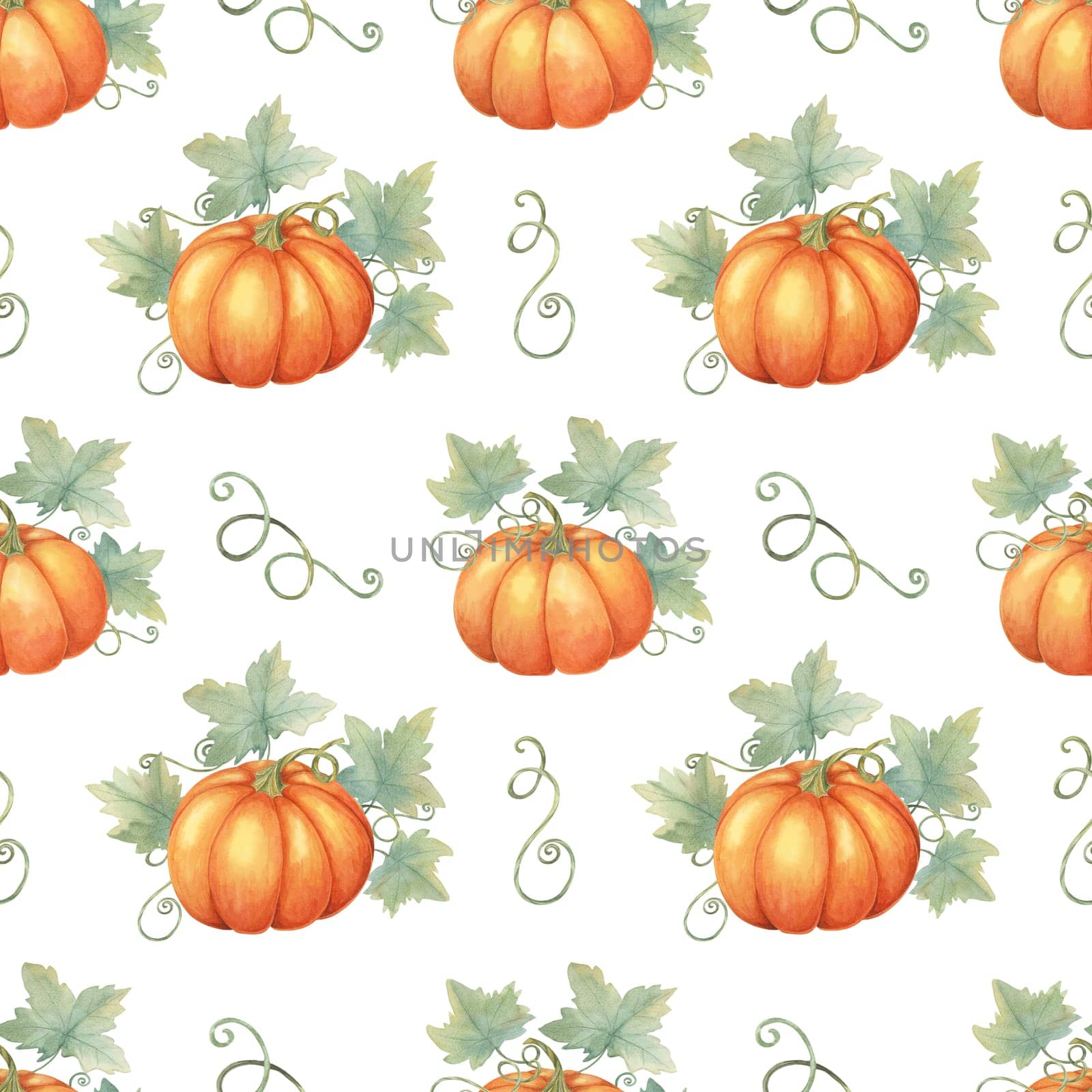 Vibrant orange pumpkins with green foliage clipart. Watercolor seamless pattern great for textile designs, gift wrapping, party supplies, and autumn-inspired stationery