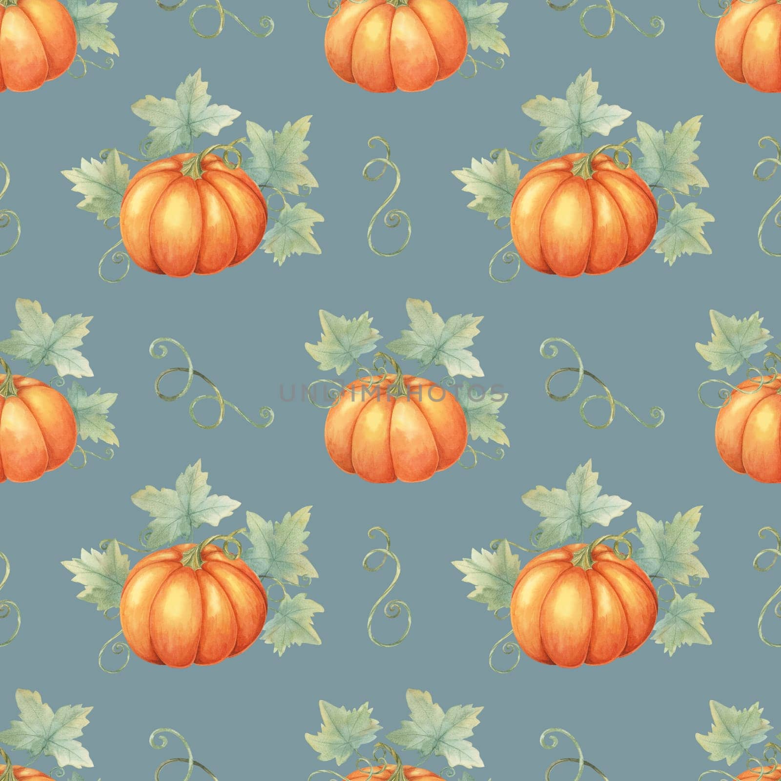 Vibrant orange pumpkins with green foliage clipart. Watercolor seamless pattern great for textile designs, gift wrapping, party supplies, and autumn-inspired stationery