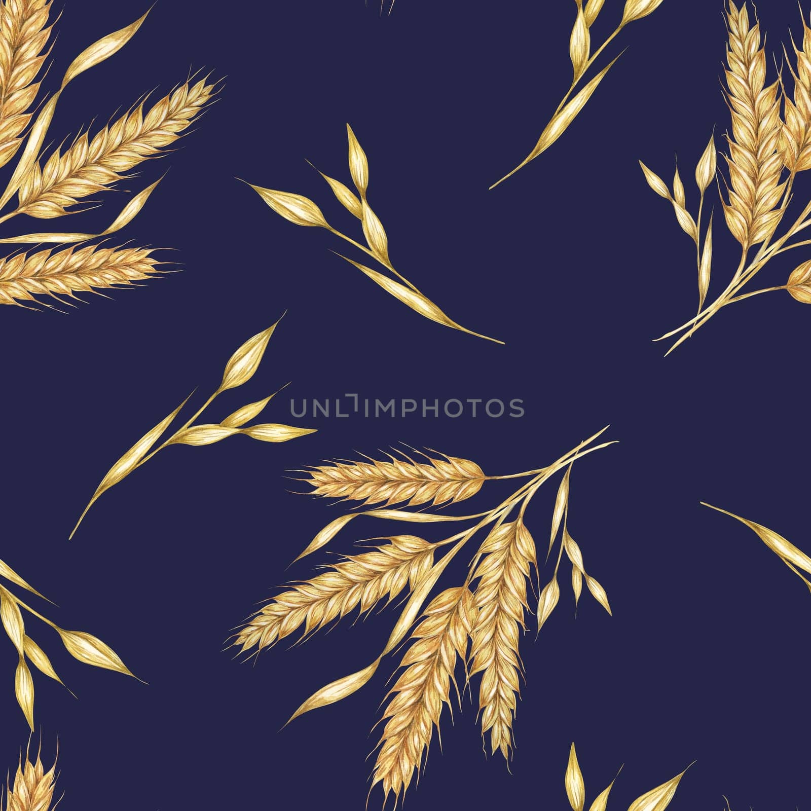 Clusters of golden Barley or Wheat ears. Watercolor seamless pattern for autumn-themed textiles, rustic wallpaper, eco-friendly product packaging, and organic branding materials, Shavuot, thanksgiving