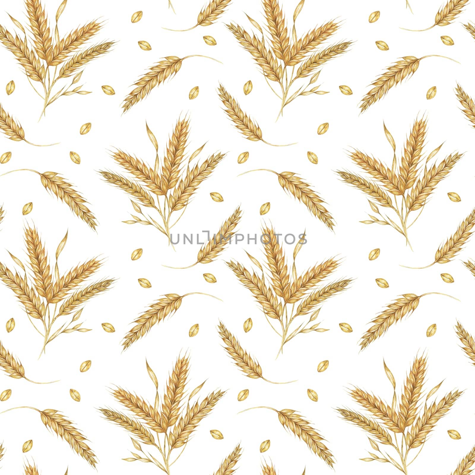 Wheat or barley golden cereal spikes backdrop for Thanksgiving, bakery, Shavuot. Seamless watercolor for fabric designs, nature-themed packaging, eco-conscious branding, and rustic home decor projects