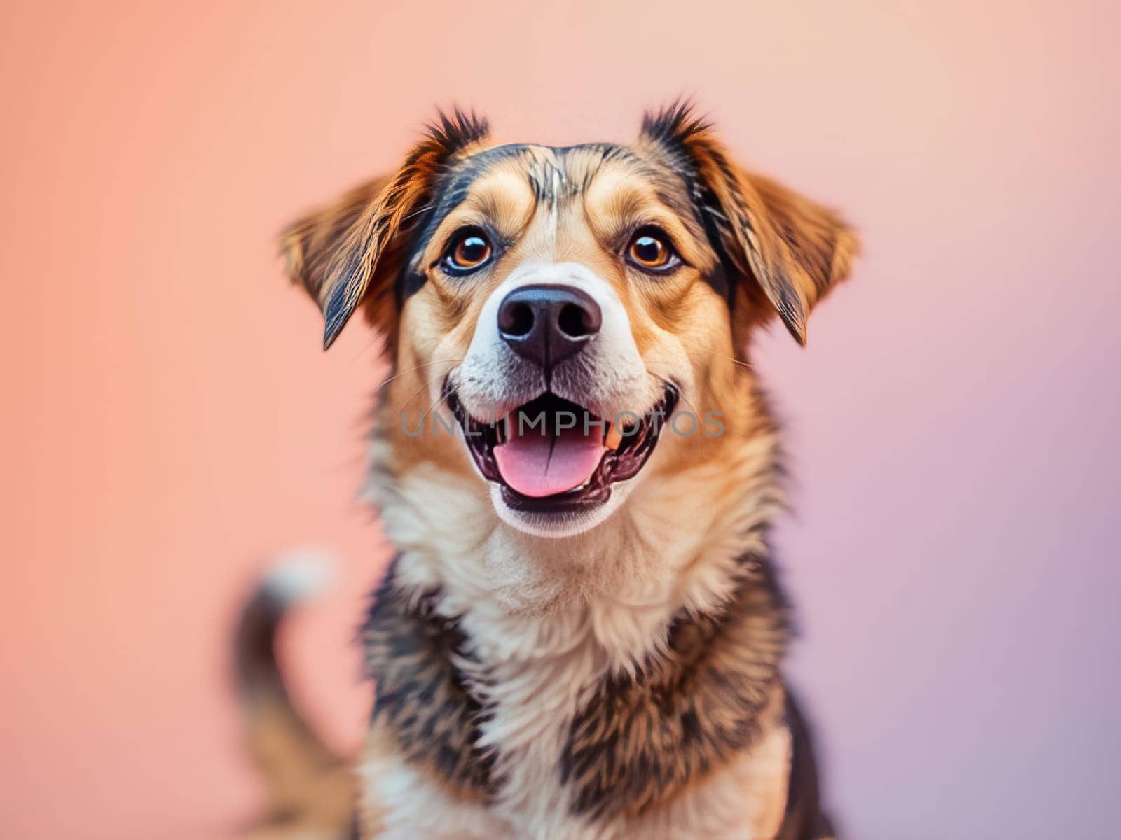 Happy brown, black and white dog is looking at the camera with its mouth open, showing its tongue and teeth, on a pink and purple background. Ai generated