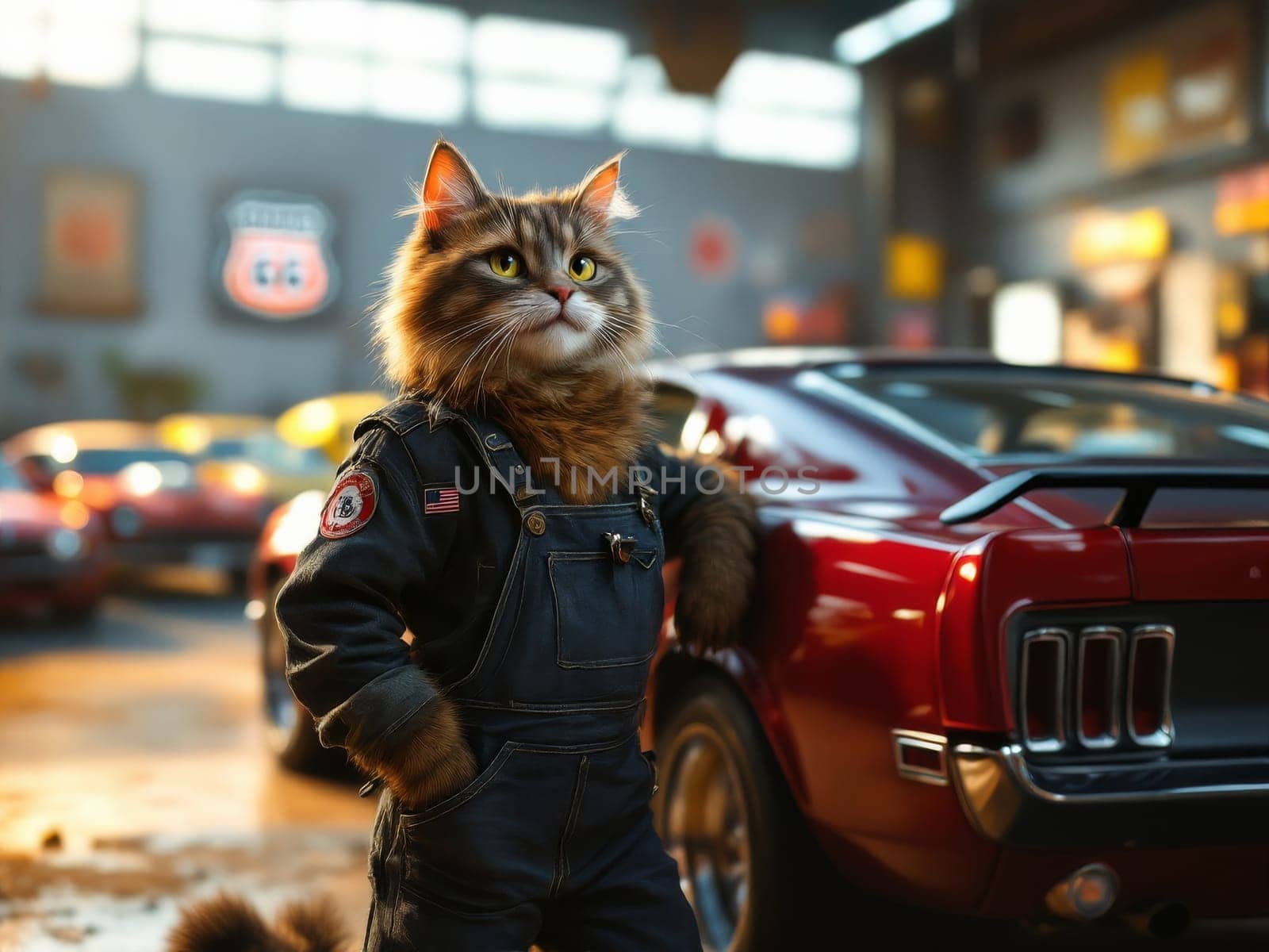 Anthropomorphic cat wearing mechanic uniform posing with hands in pockets next to a red classic Ford Mustang in a garage. Ai generated