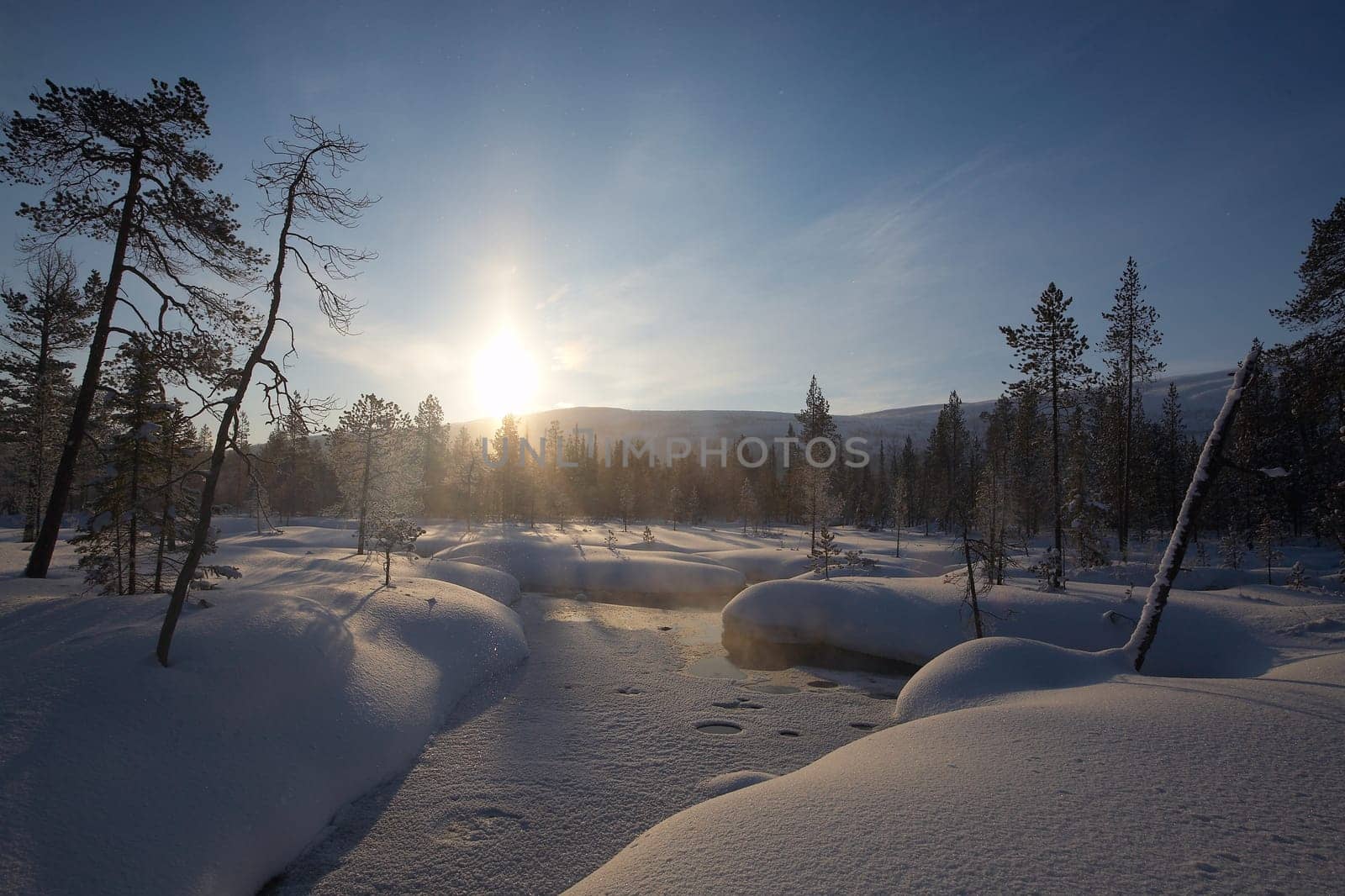 beautiful arctic winter landscape with snowy forest and frozen lake, very cold climate,