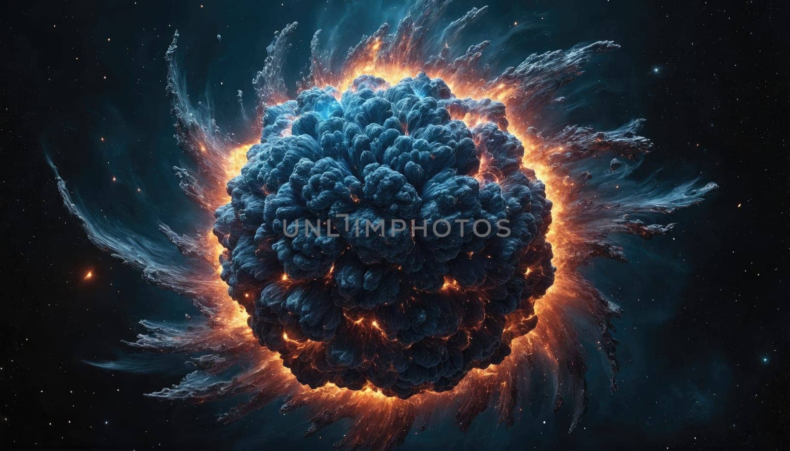 A vibrant explosion illuminates the dark vastness of space, with fiery orange and deep blue clouds swirling dramatically. This cosmic event captures the beauty of astronomical forces at play.
