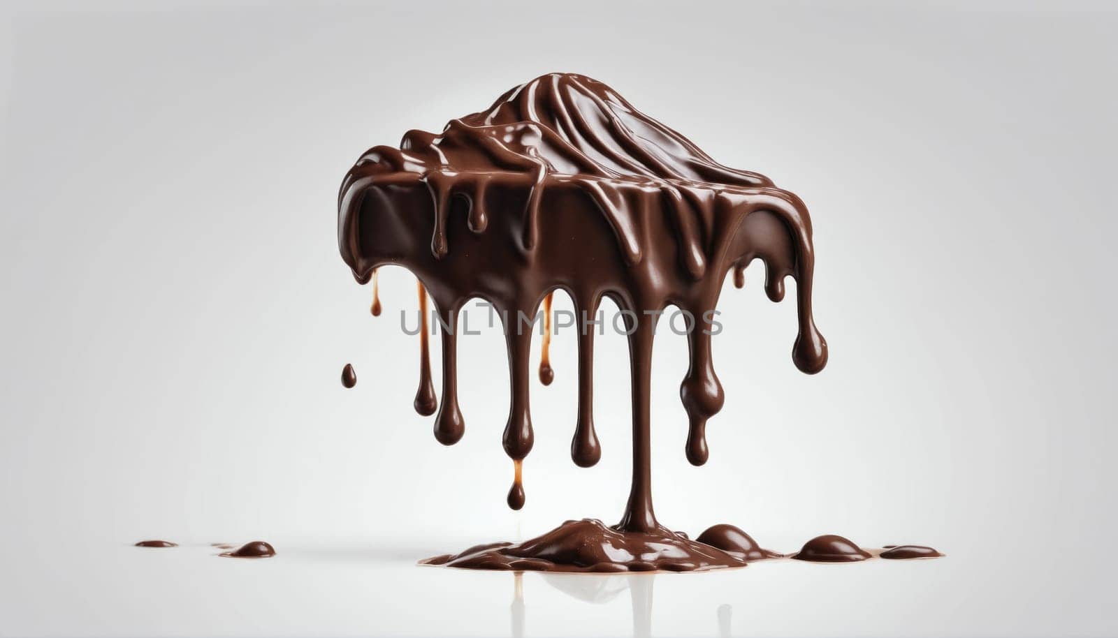 Dark chocolate cascades in a glossy flow, showcasing its rich texture as it melts. This visual highlights the allure of indulgent confectionery artfully crafted.