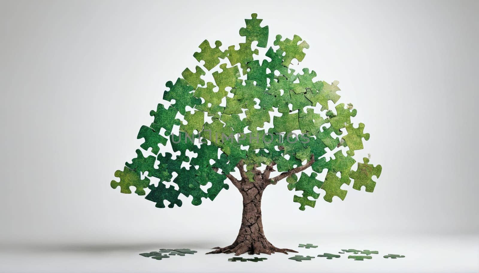A tree structure formed entirely from interlocking green puzzle pieces stands against a plain background, symbolizing creativity and the connection between nature and design principles.