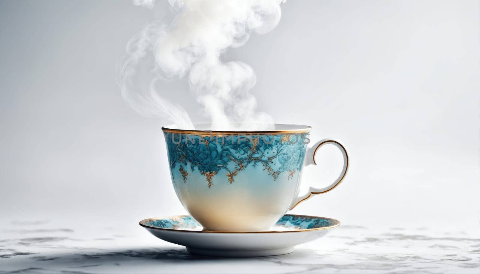A delicate cup with a turquoise and gold design holds steaming tea on a white surface. The steam rises gracefully, creating a tranquil atmosphere perfect for relaxation.