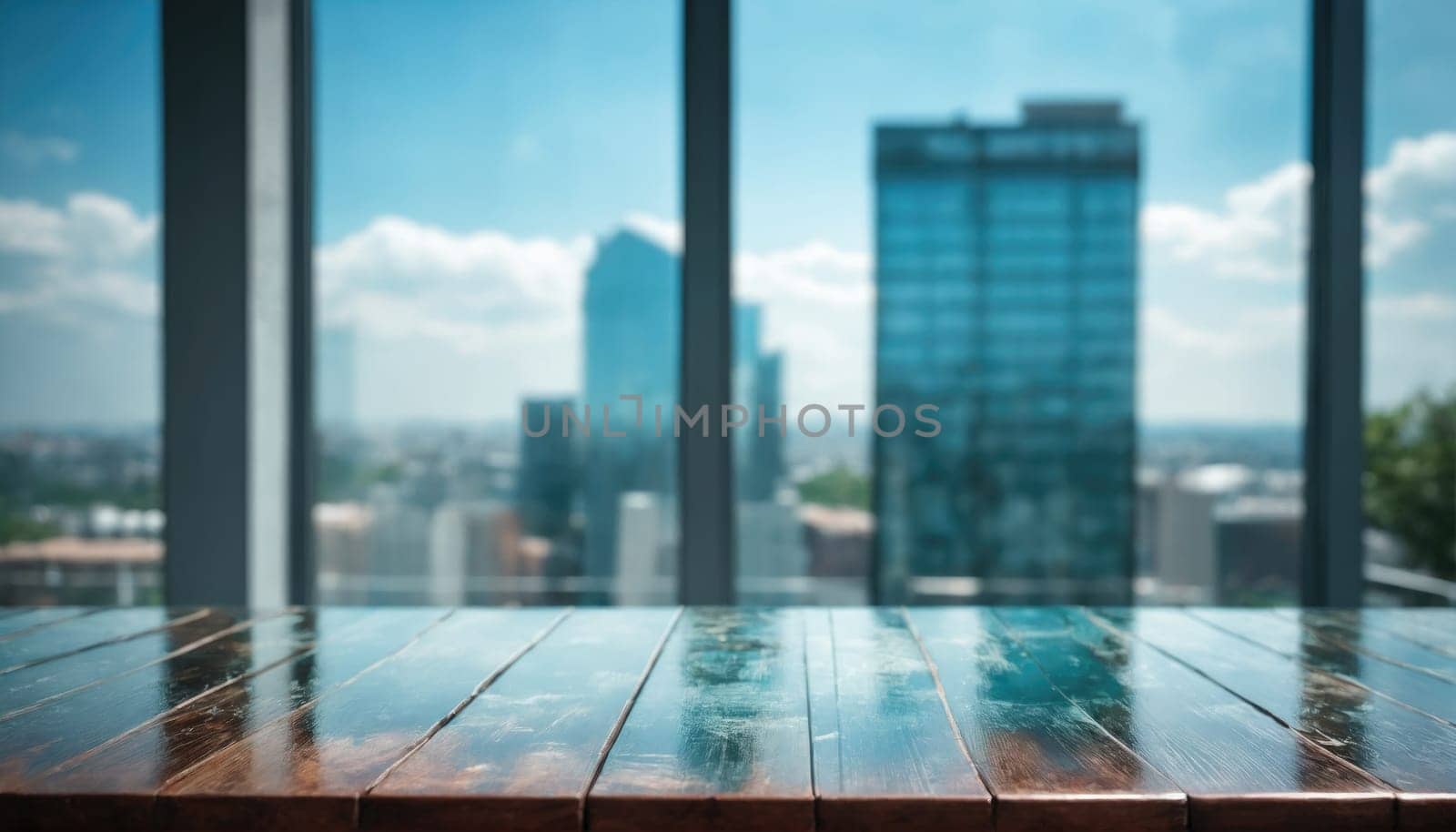 A wooden table reflects sunlight in a high-rise building. The backdrop features a clear city skyline with modern skyscrapers under a bright sky.