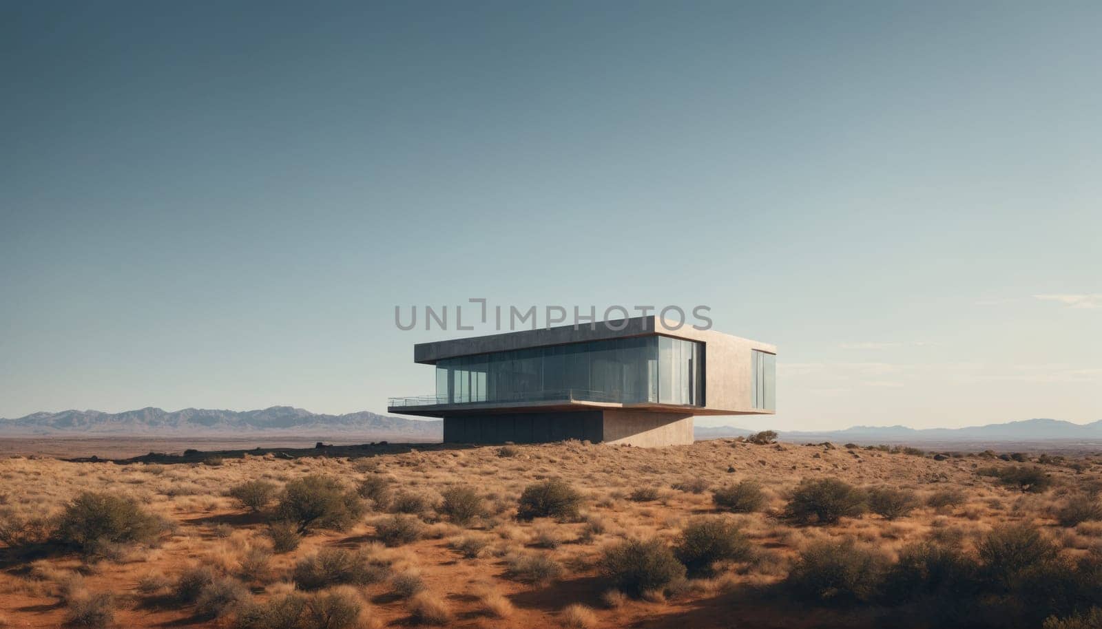A striking modern building is perched above the ground, surrounded by sparse desert vegetation under a clear sky. The sun sets behind distant mountains, casting long shadows.