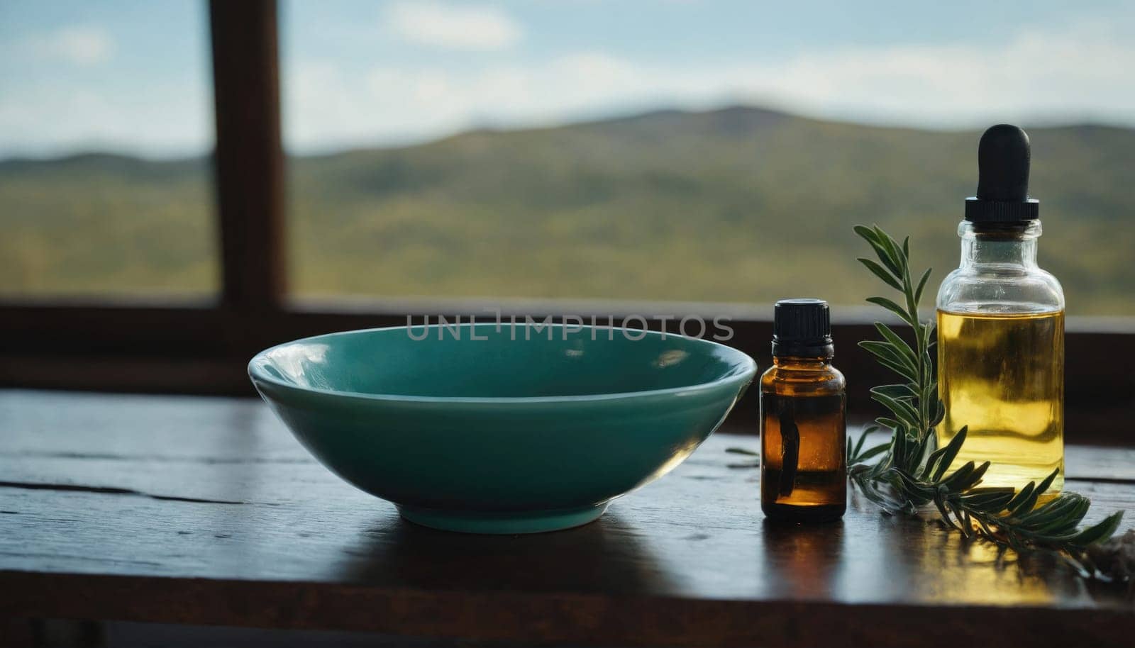 A turquoise bowl sits on a rustic wooden table beside various essential oil bottles. In the background, green mountains and a clear sky can be seen, creating a serene atmosphere.