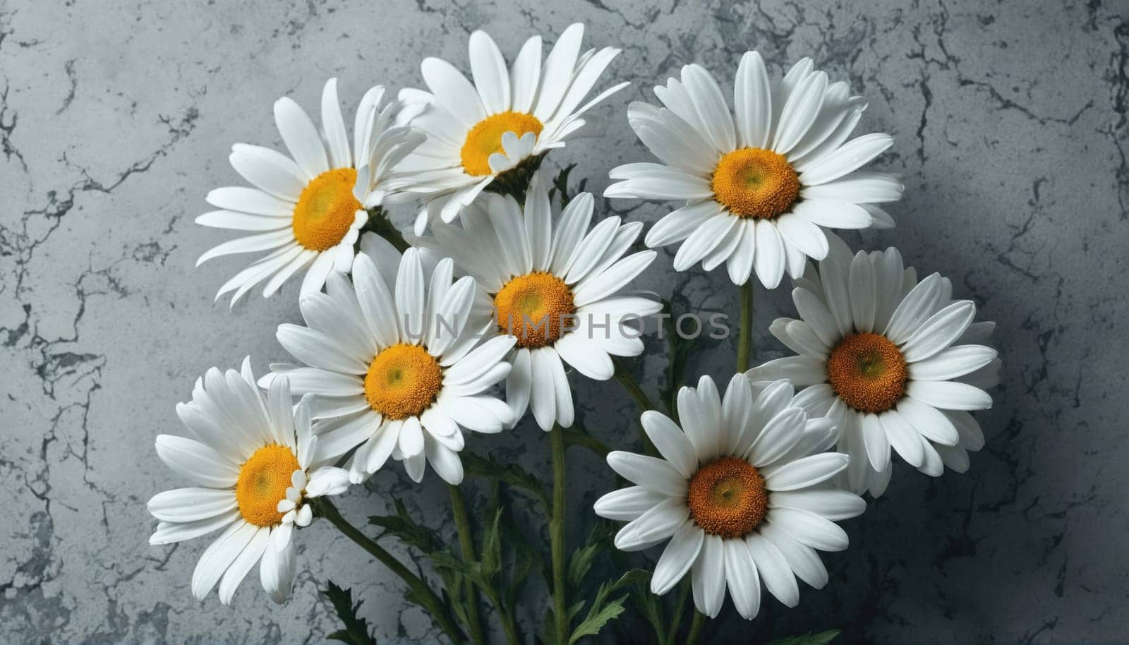 A group of vibrant white daisies displays their bright yellow centers, arranged artistically on a soft gray surface. Natural light highlights their delicate petals.